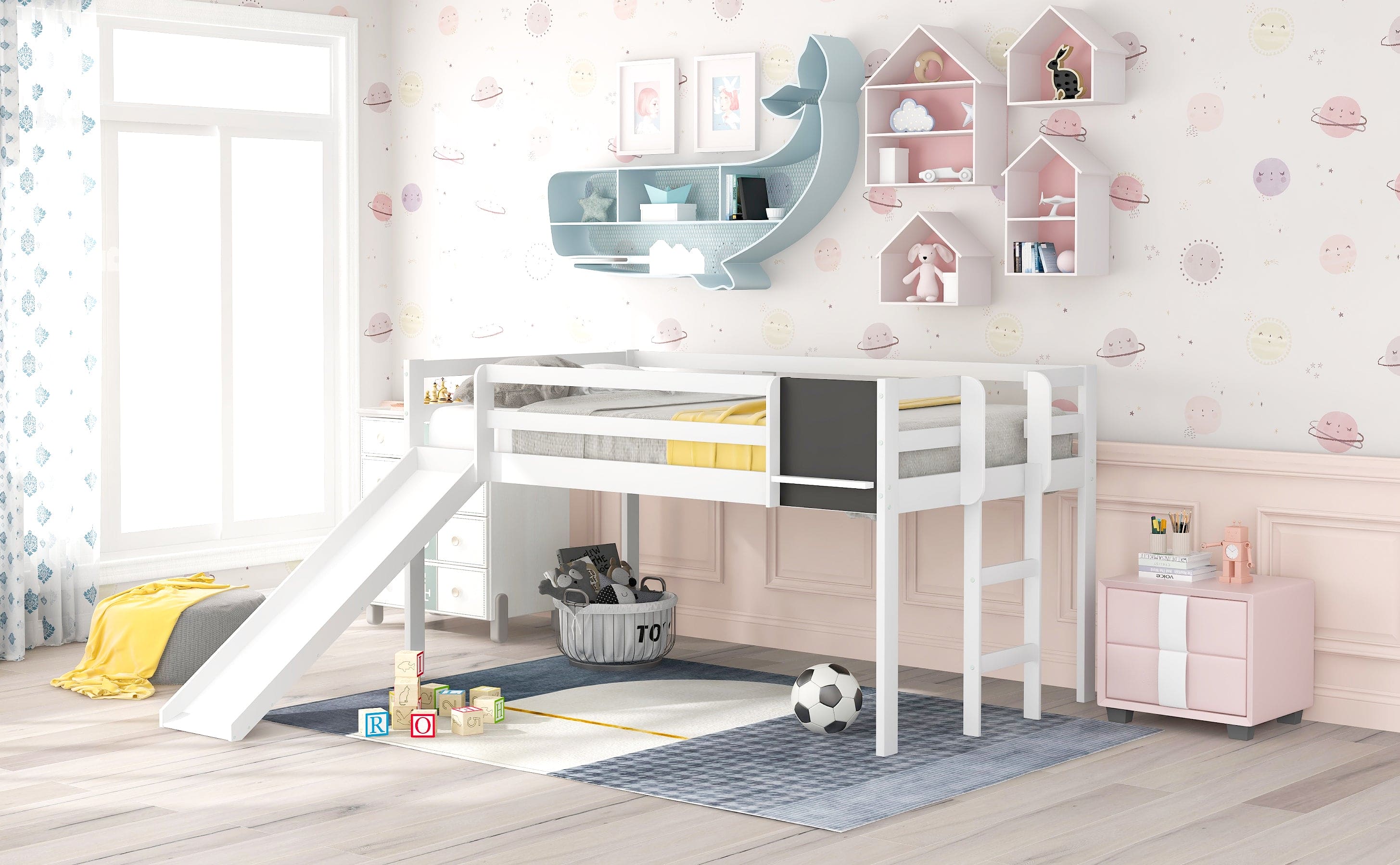 Twin size Loft Bed Wood Bed with Slide, Stair and Chalkboard,White(OLD SKU :WF282115AAK)