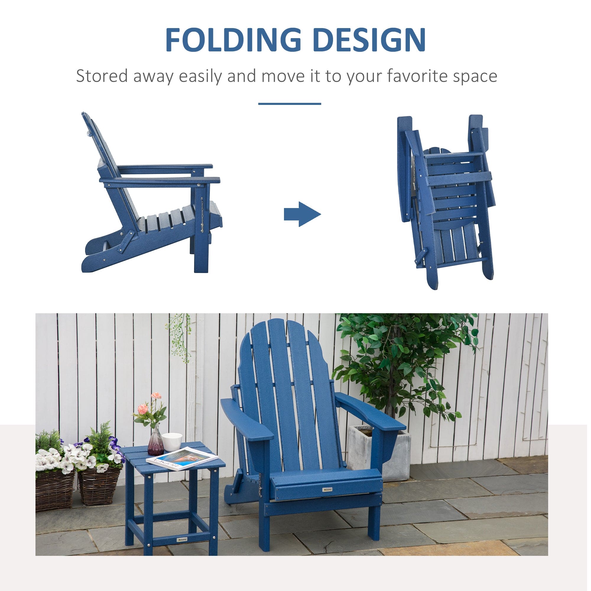 Outsunny Folding Adirondack Chair, Faux Wood Patio & Fire Pit Chair, Weather Resistant HDPE for Deck, Outside Garden, Porch, Backyard, Blue