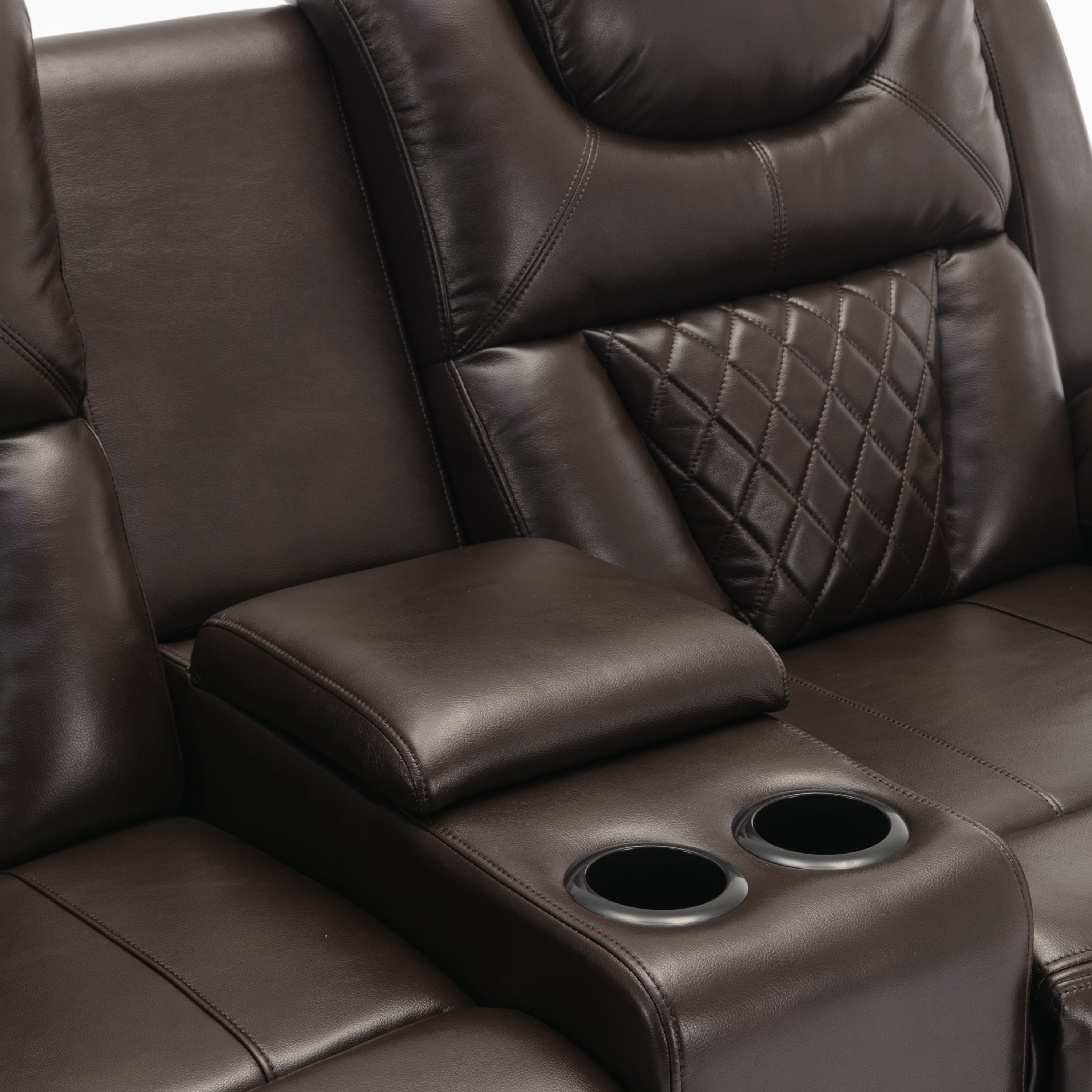 Home Theater Seating Manual Recliner Loveseat with Hide-Away Storage, Cup Holders and LED Light Strip for Living Room, Brown