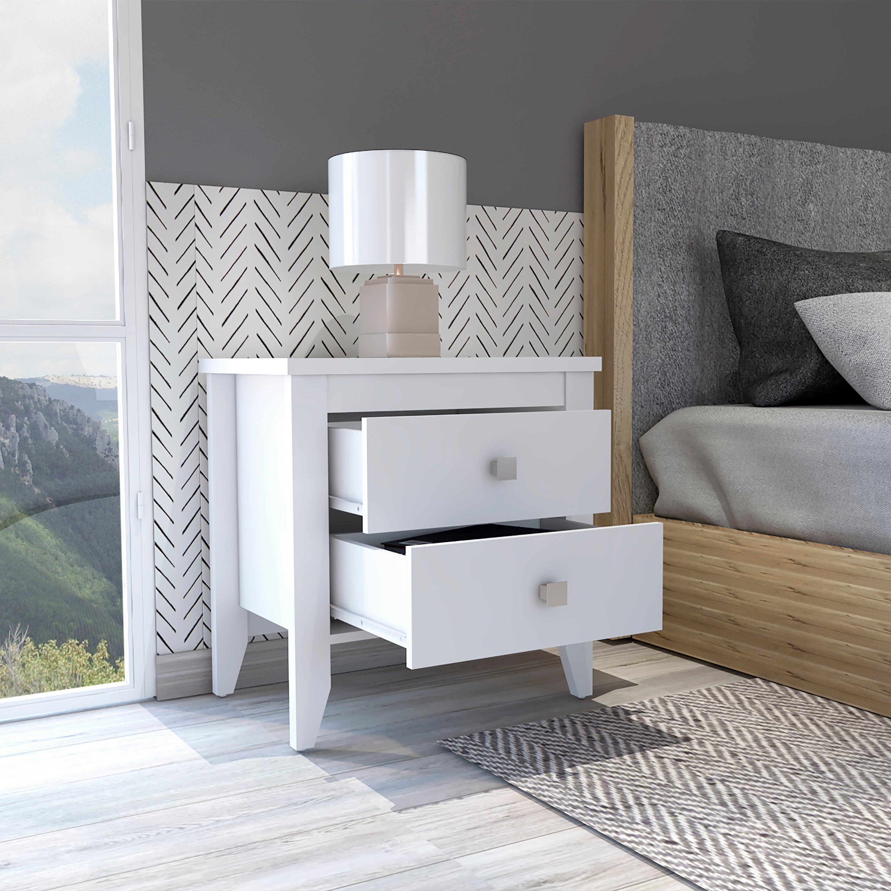 Nightstand More, Two Shelves, Four Legs, White Finish