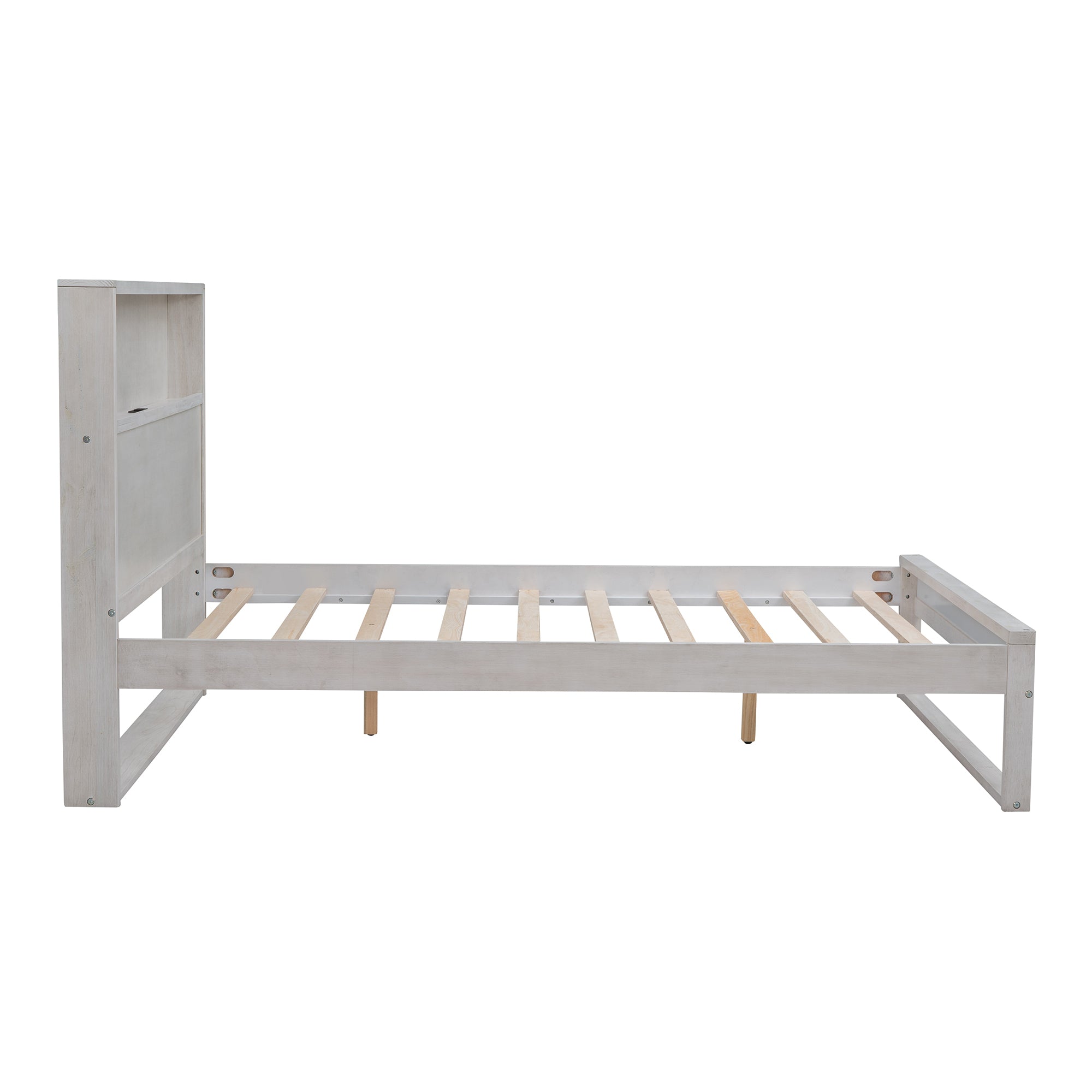 Platform Bed with Storage Headboard,Sockets and USB Ports,Full Size Platform Bed,Antique White