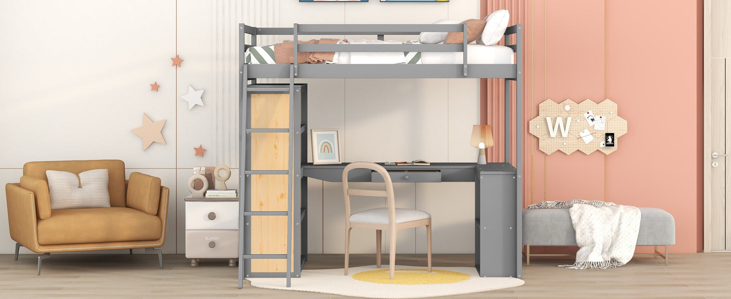 Twin Size Loft Bed with Ladder, Shelves, and Desk, Gray(LT100225AAE)