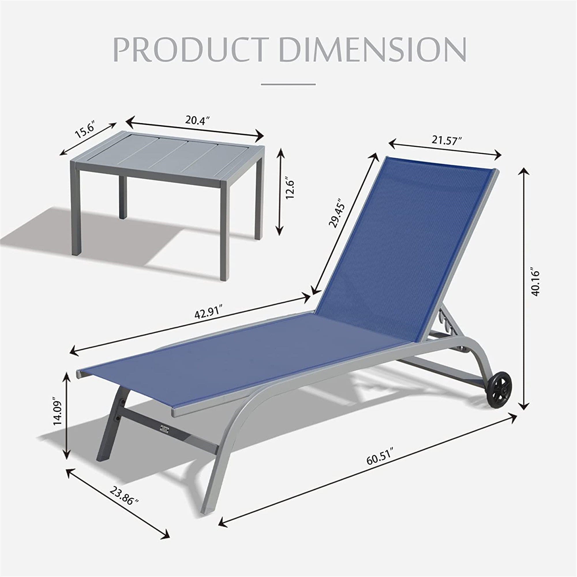 Chaise Lounge Outdoor Set of 3, Lounge Chairs for Outside with Wheels, Outdoor Lounge Chairs with 5 Adjustable Position, Pool Lounge Chairs for Patio, Beach(Blue, 2 Lounge Chairs+1 Table)