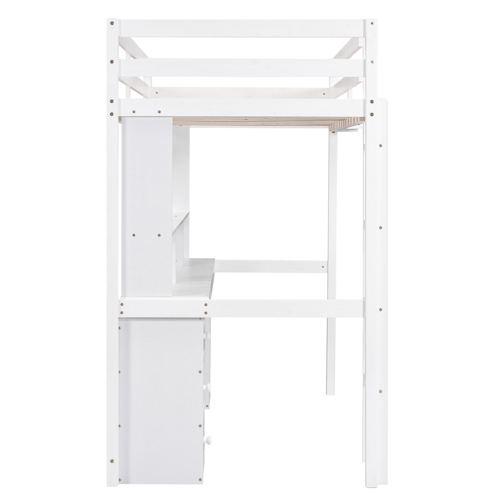 Twin Size Loft Bed with Multi-storage Desk, LED light and Bedside Tray, Charging Station, White