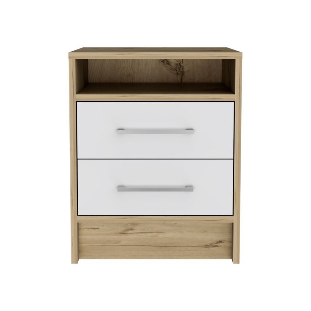 Eter Nightstand, Superior Top, Two Drawers -White / Light Oak