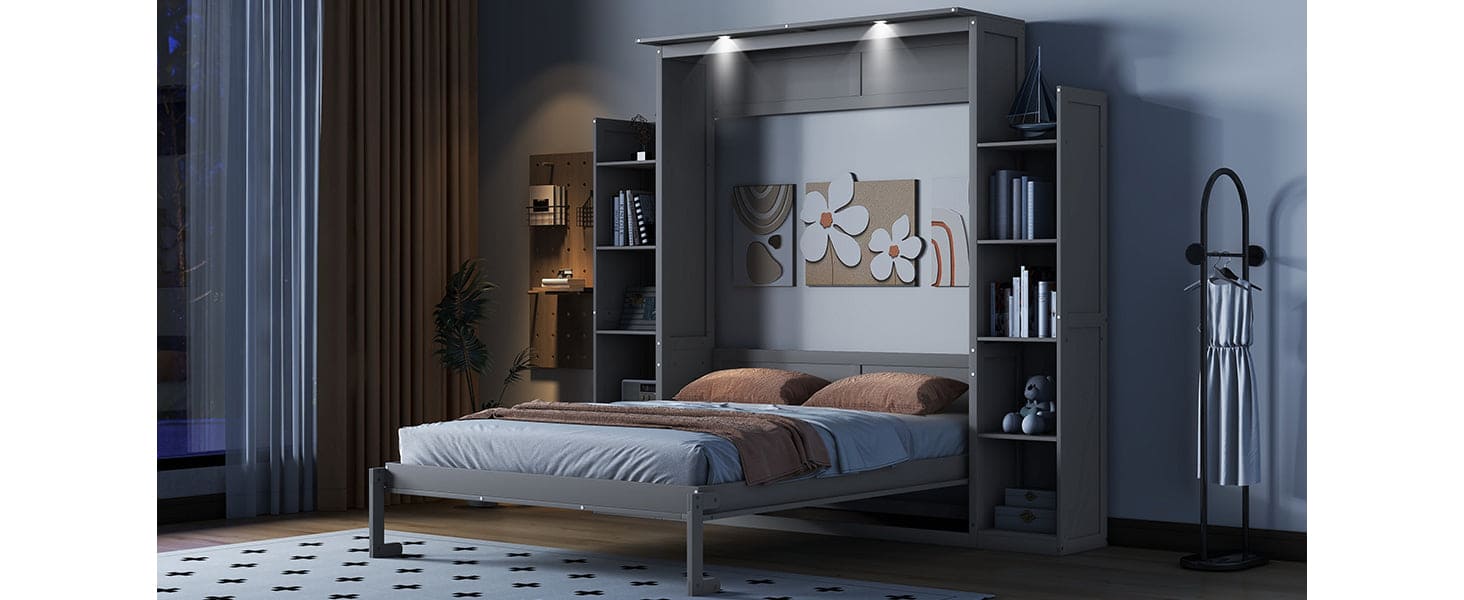 Queen Size Murphy Bed Wall Bed with Shelves and LED Lights,Gray