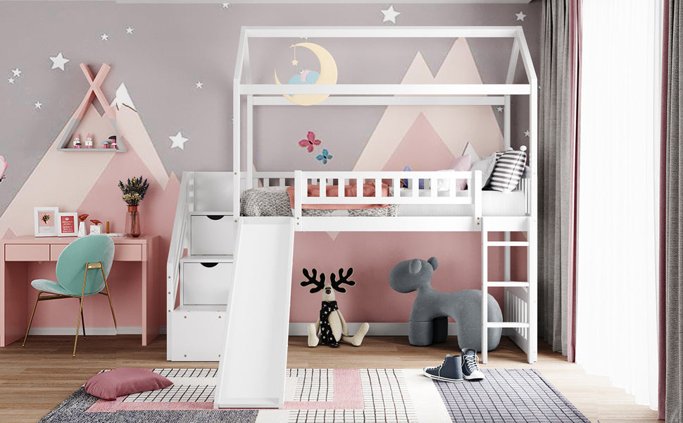 Twin Loft Bed with Two Drawers and Slide, House Bed with Slide, White (Old SKU: LP000130AAK)