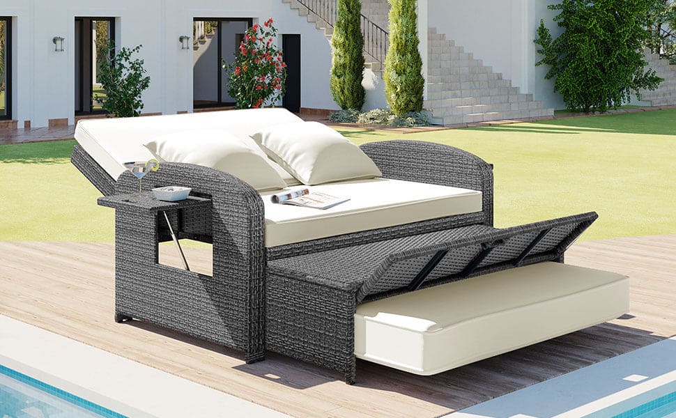 TOPMAX PE Wicker Rattan Double Chaise Lounge, 2-Person Reclining Daybed with Adjustable Back and Cushions, Free Furniture Protection Cover, White