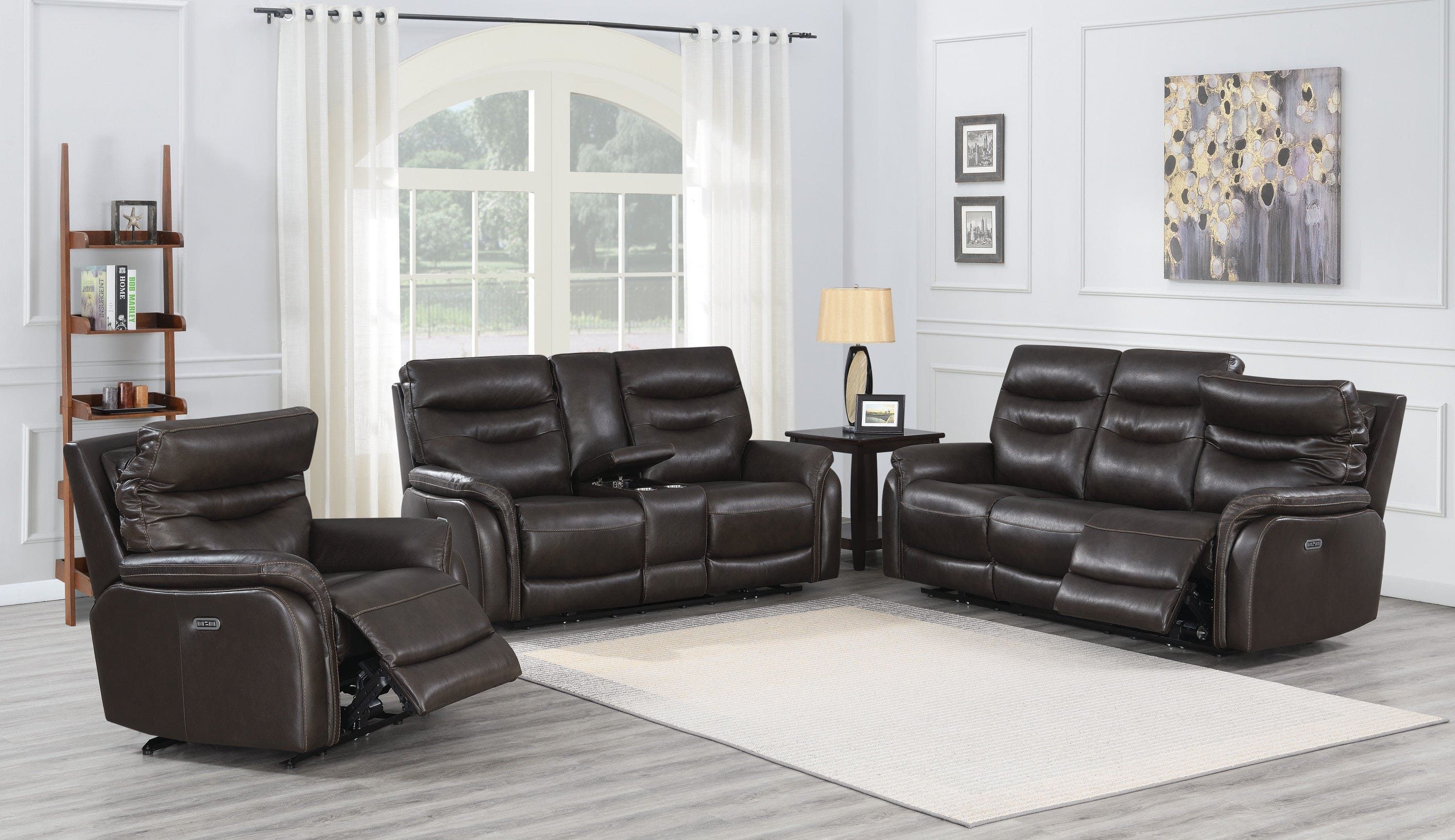 Top-Grain Leather Motion Sofa in Coffee - Contemporary Style, Reclining Footrests, USB Port