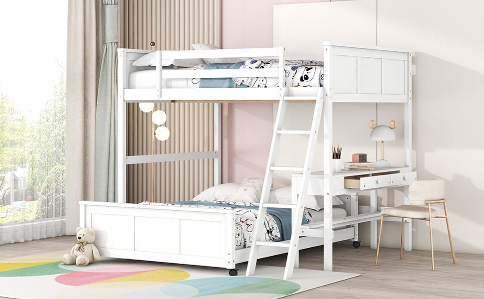 Full Over Full Bunk Bed with Desk, White