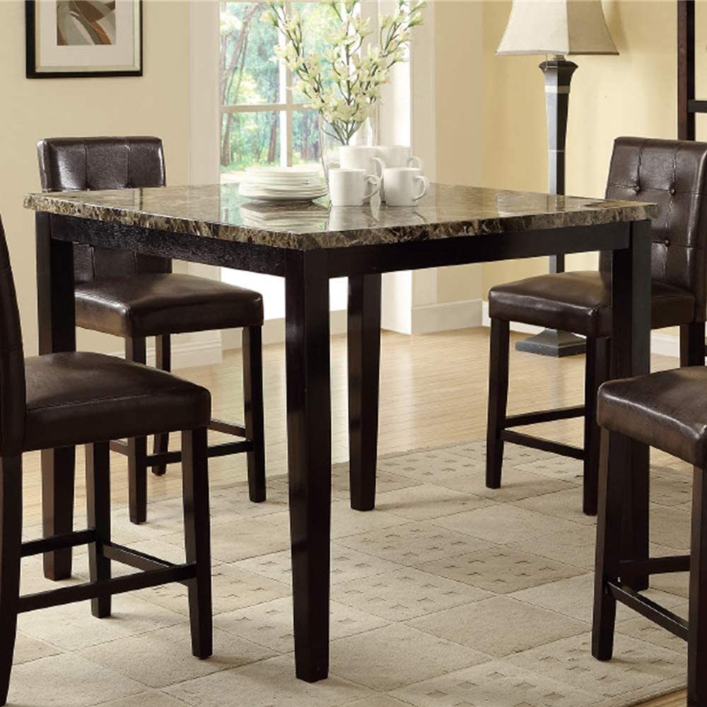 Contemporary Counter Height Dining 5pc Set Table w 4x Chairs Brown Finish Birch Faux Marble Table Top Tufted Chairs Cushions Kitchen Dining Room Furniture Dinette