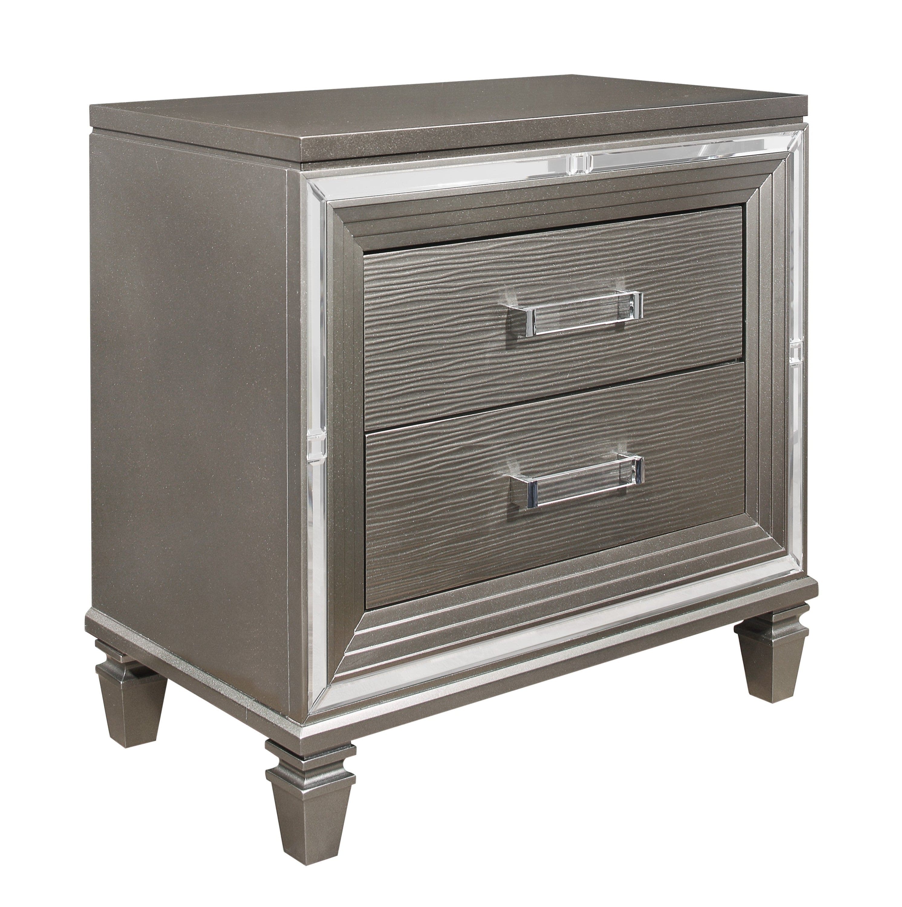 Elegant Style Silver-Gray Metallic Finish Nightstand Beveled Mirror Trim Dovetail Drawers Wooden Furniture