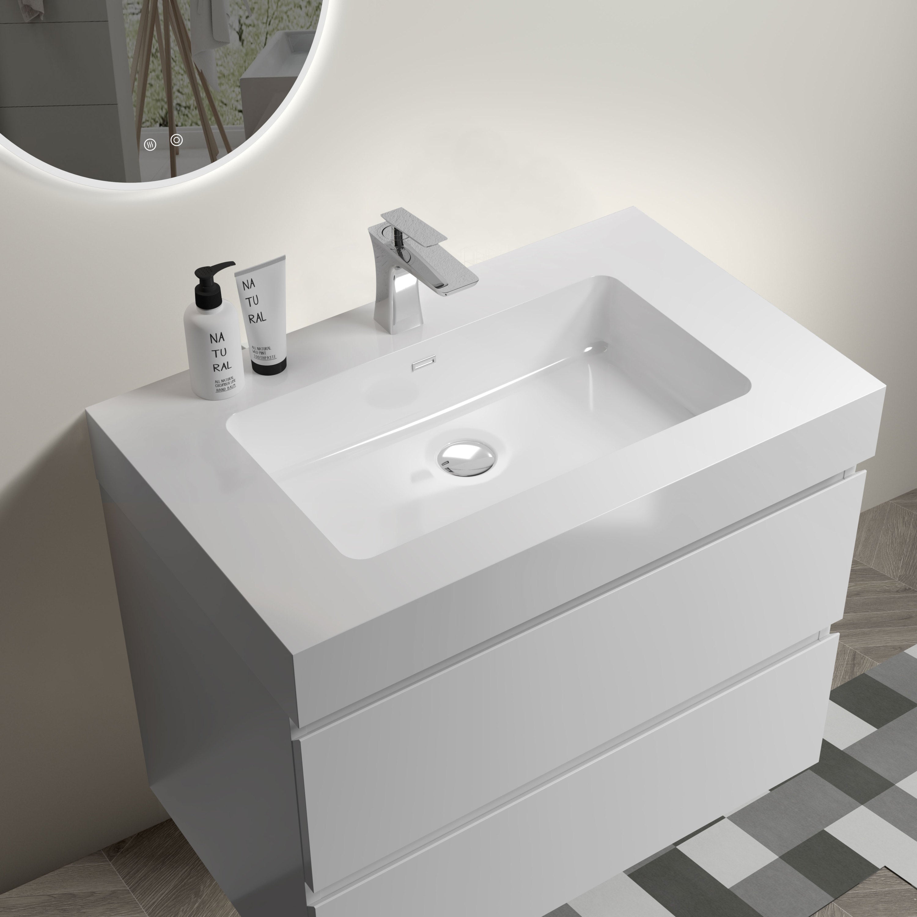 Alice 30" White Bathroom Vanity with Sink, Large Storage Wall Mounted Floating Bathroom Vanity for Modern Bathroom, One-Piece White Sink Basin without Drain and Faucet