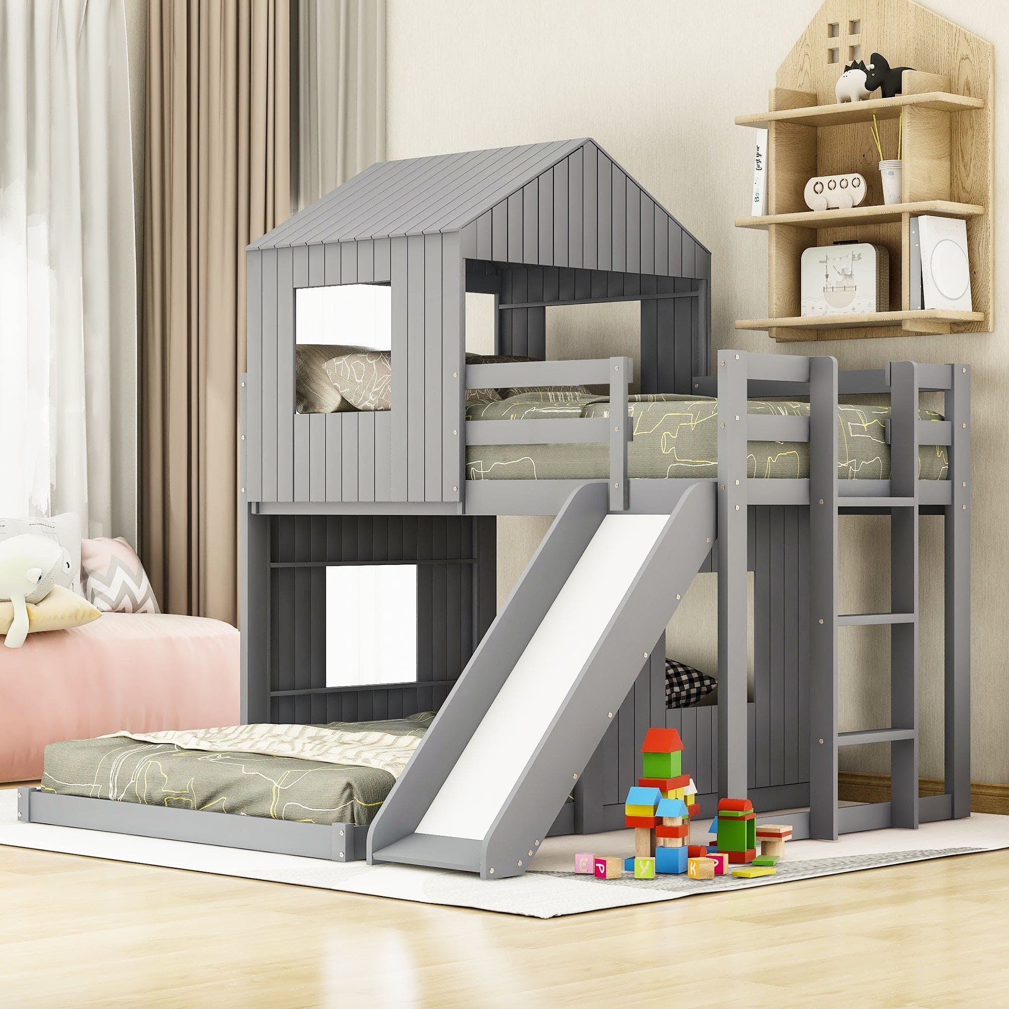 Wooden Twin Over Full Bunk Bed, Loft Bed with Playhouse, Farmhouse, Ladder, Slide and Guardrails, Gray(OLD SKU :LT000028AAN)