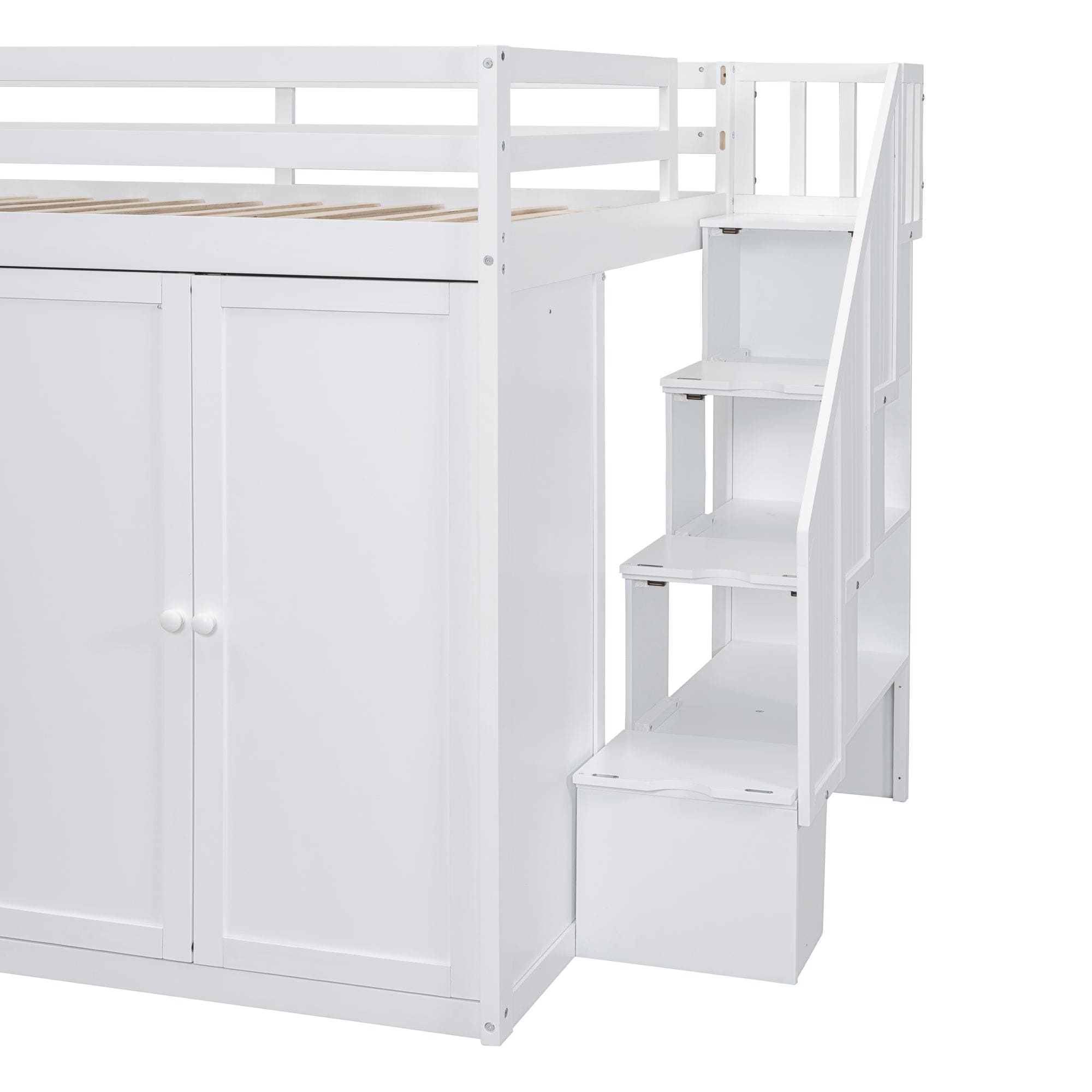 Full Size Wood Loft Bed With Built-in Wardrobes, Cabinets and Drawers, White