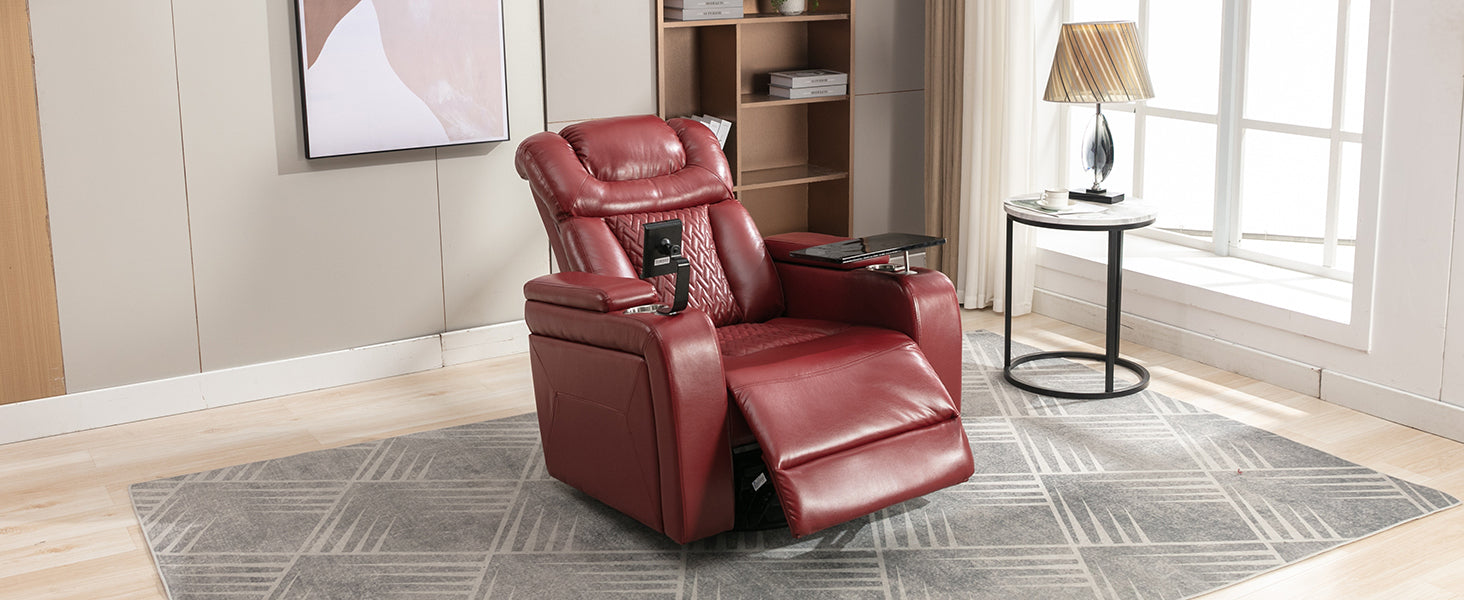 270 Degree Swivel PU Leather Power Recliner Individual Seat Home Theater Recliner with  Comforable Backrest, Tray Table,  Phone Holder, Cup Holder,  USB Port, Hidden Arm Storage for Living Room, Red