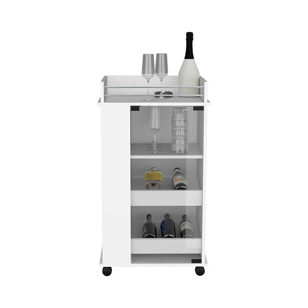 Bar Cart with Two-Side Shelves Beaver, Glass Door and Upper Surface, White Finish