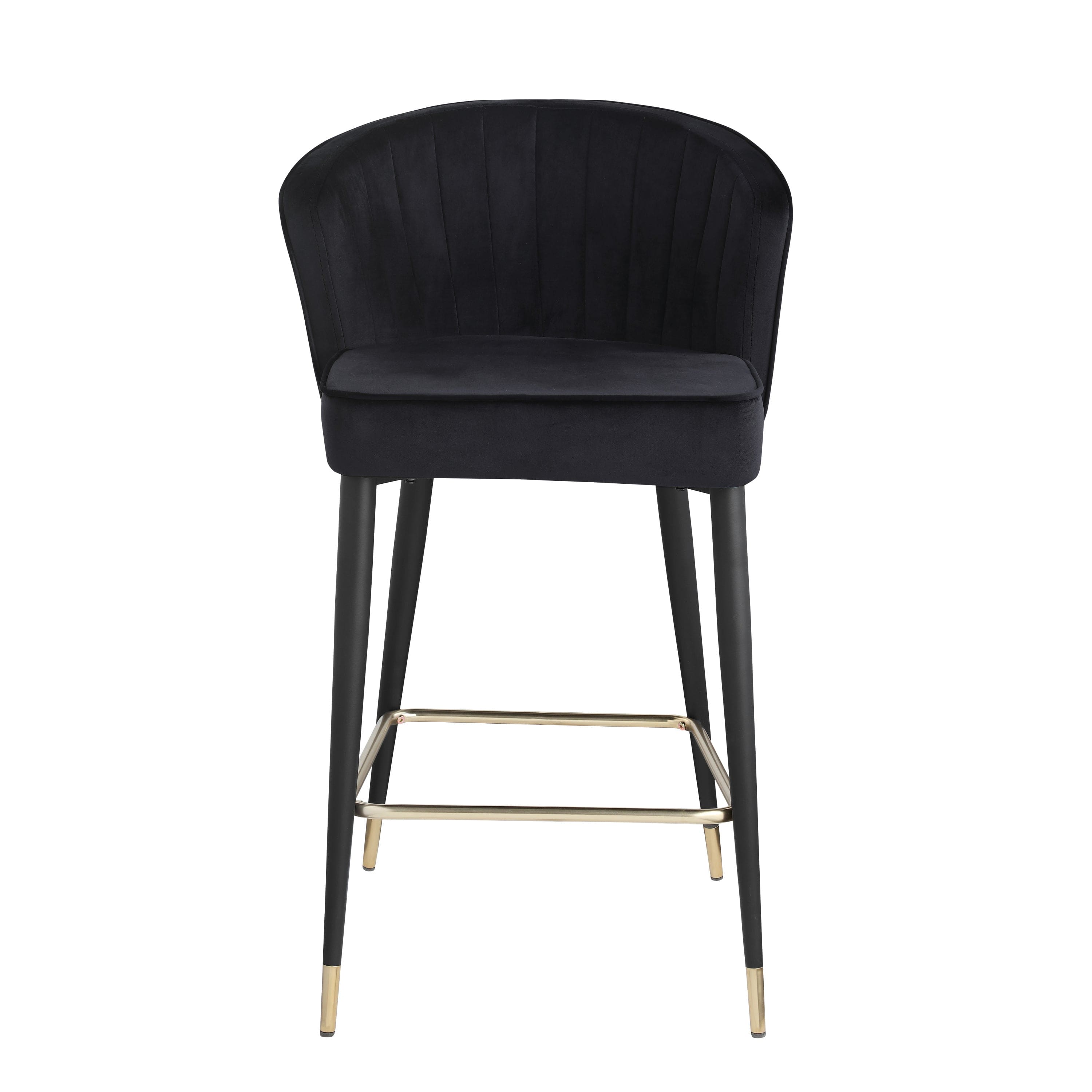 Contemporary Velvet Upholstered Counter Height Stool with Deep Channel Tufting and Gold Tipped, Black Metal Legs, 20" W x 21" D x 36.5" H, Black