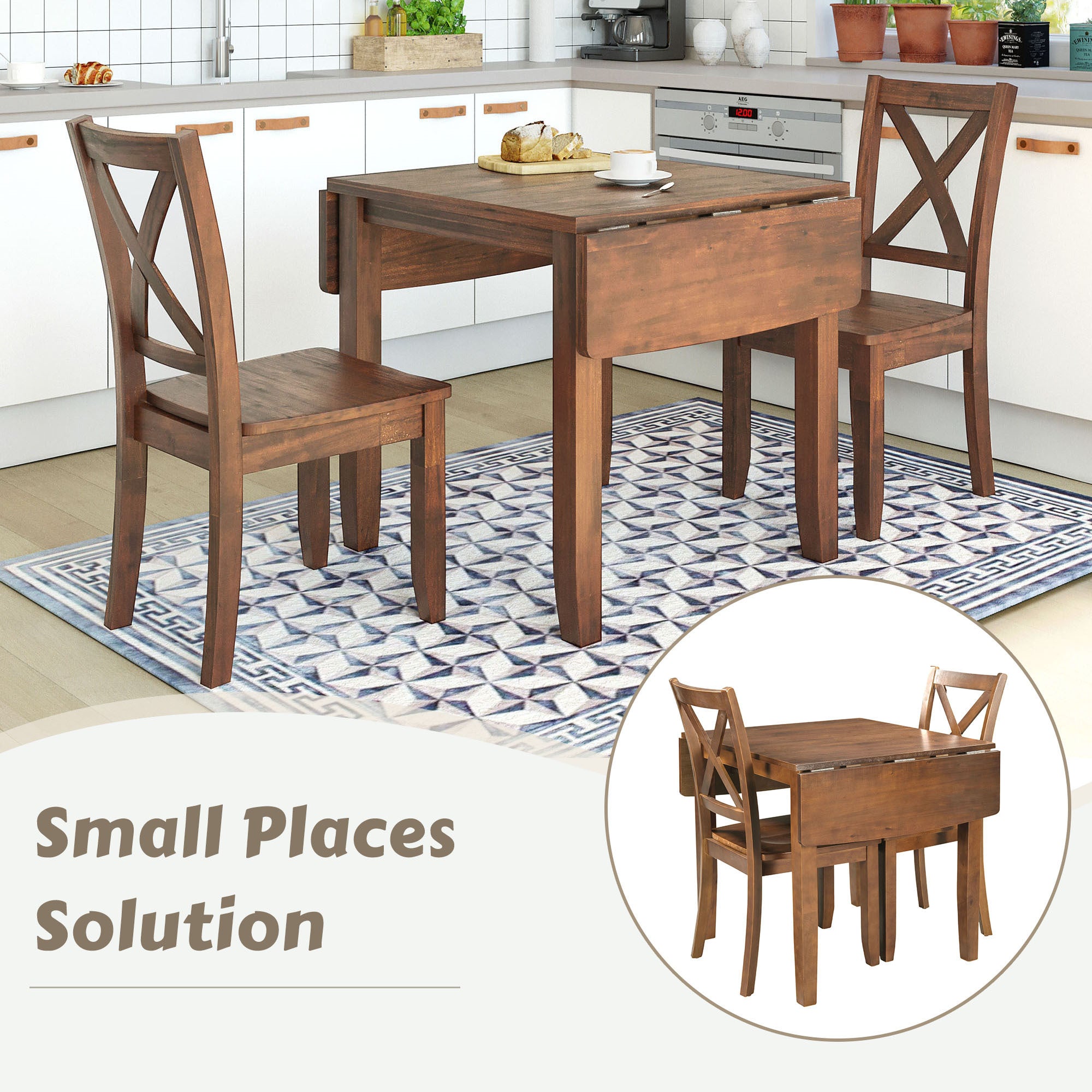 TOPMAX 3-Piece Wood Drop Leaf Breakfast Nook Dining Table Set with 2 X-back Chairs for Small Places, Brown