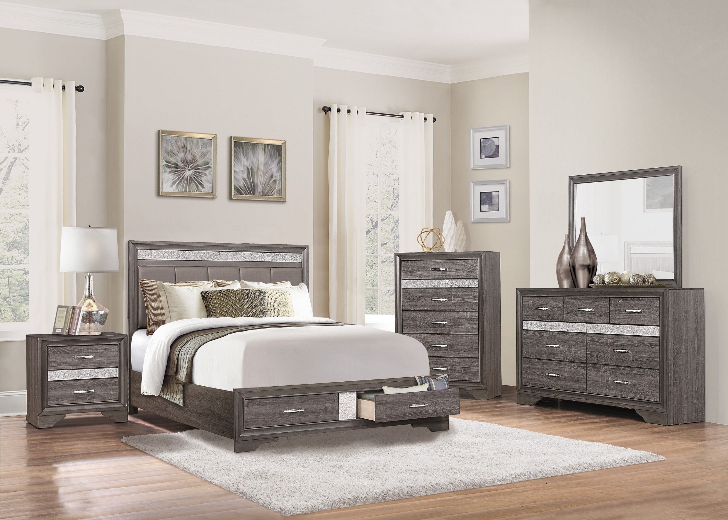 Unique Style Bedroom 1pc Dresser of Drawers Hidden Drawers Gray and Sliver Glitter Wooden Furniture