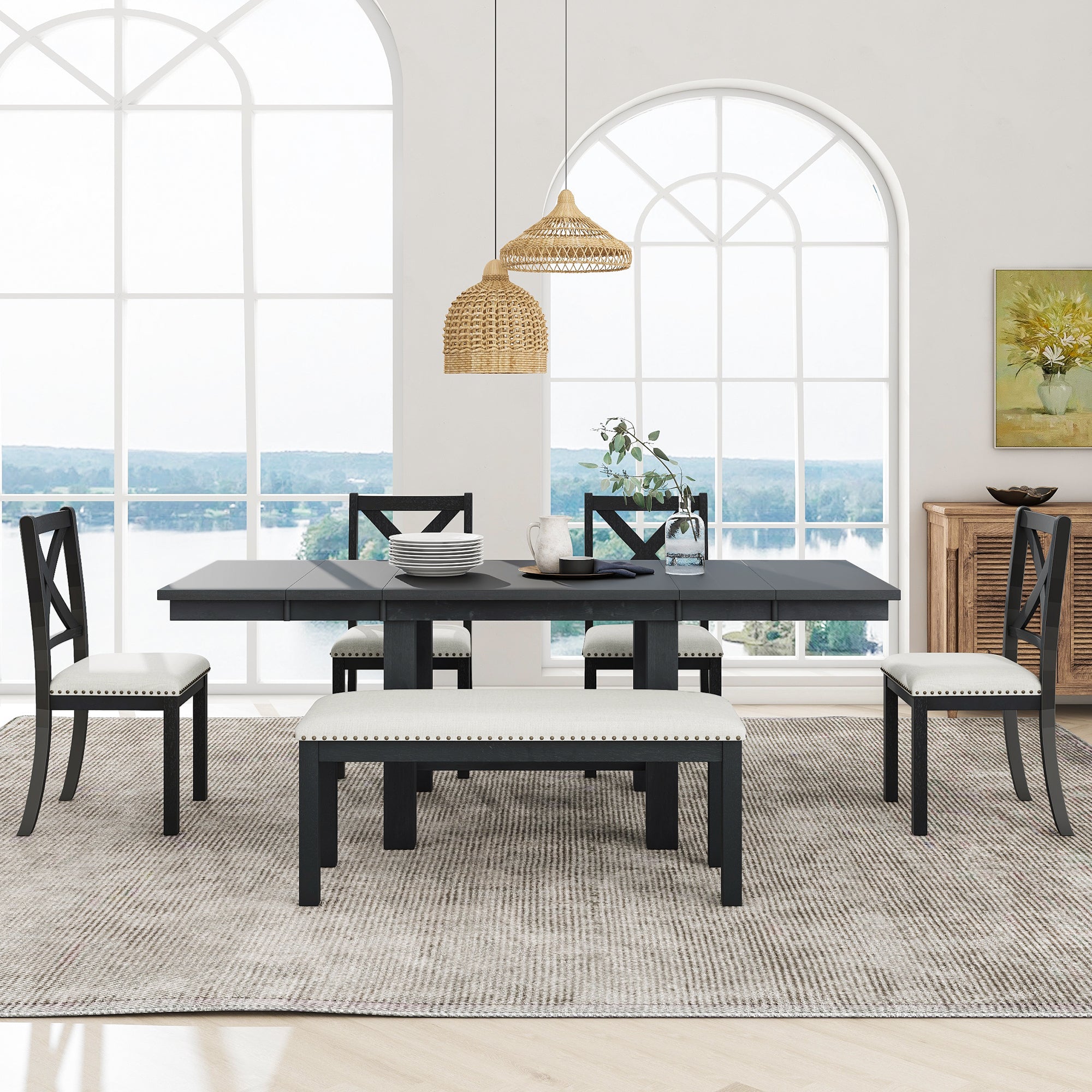 TOPMAX Farmhouse 82inch 6-Piece Extendable Dining Table with Footrest, 4 Upholstered Dining Chairs and Dining Bench, Two 11"Removable Leaf, Black+Beige Cushion