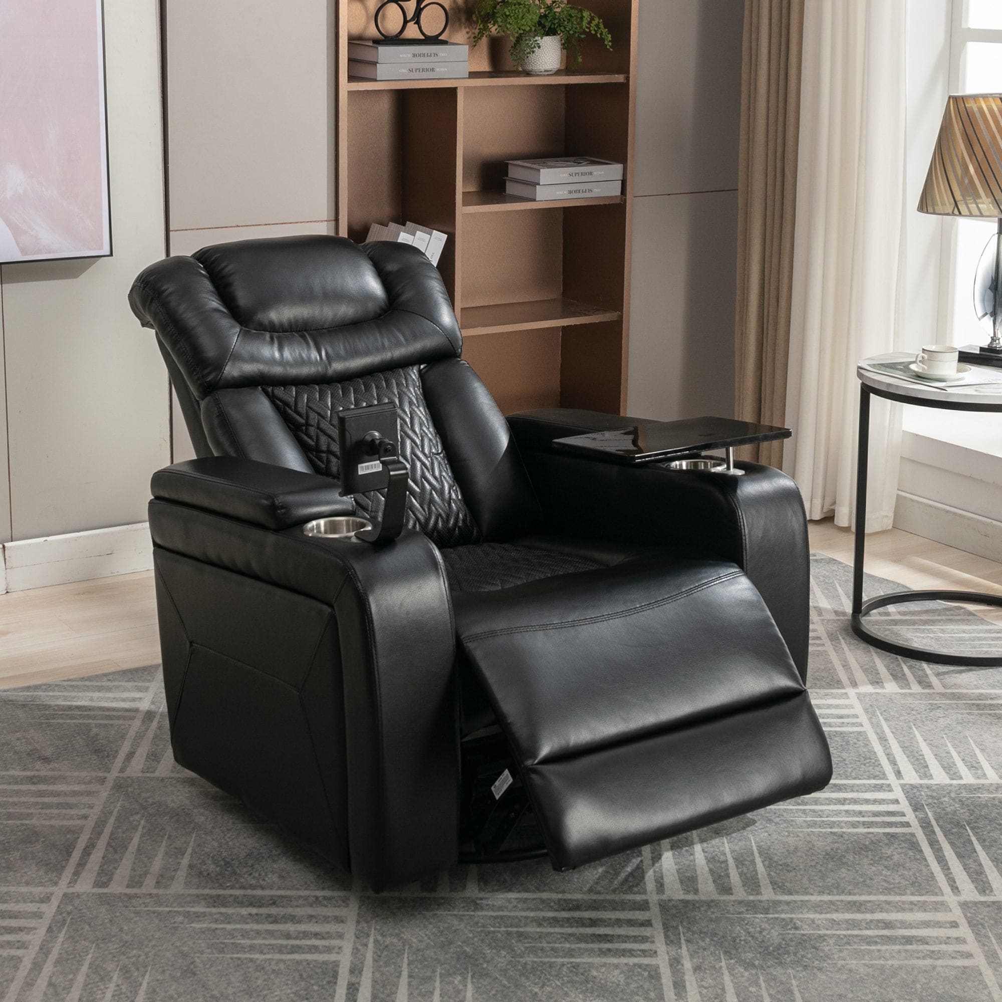 270 Degree Swivel PU Leather Power Recliner Individual Seat Home Theater Recliner with  Comforable Backrest, Tray Table,  Phone Holder, Cup Holder,  USB Port, Hidden Arm Storage for Living Room, Black