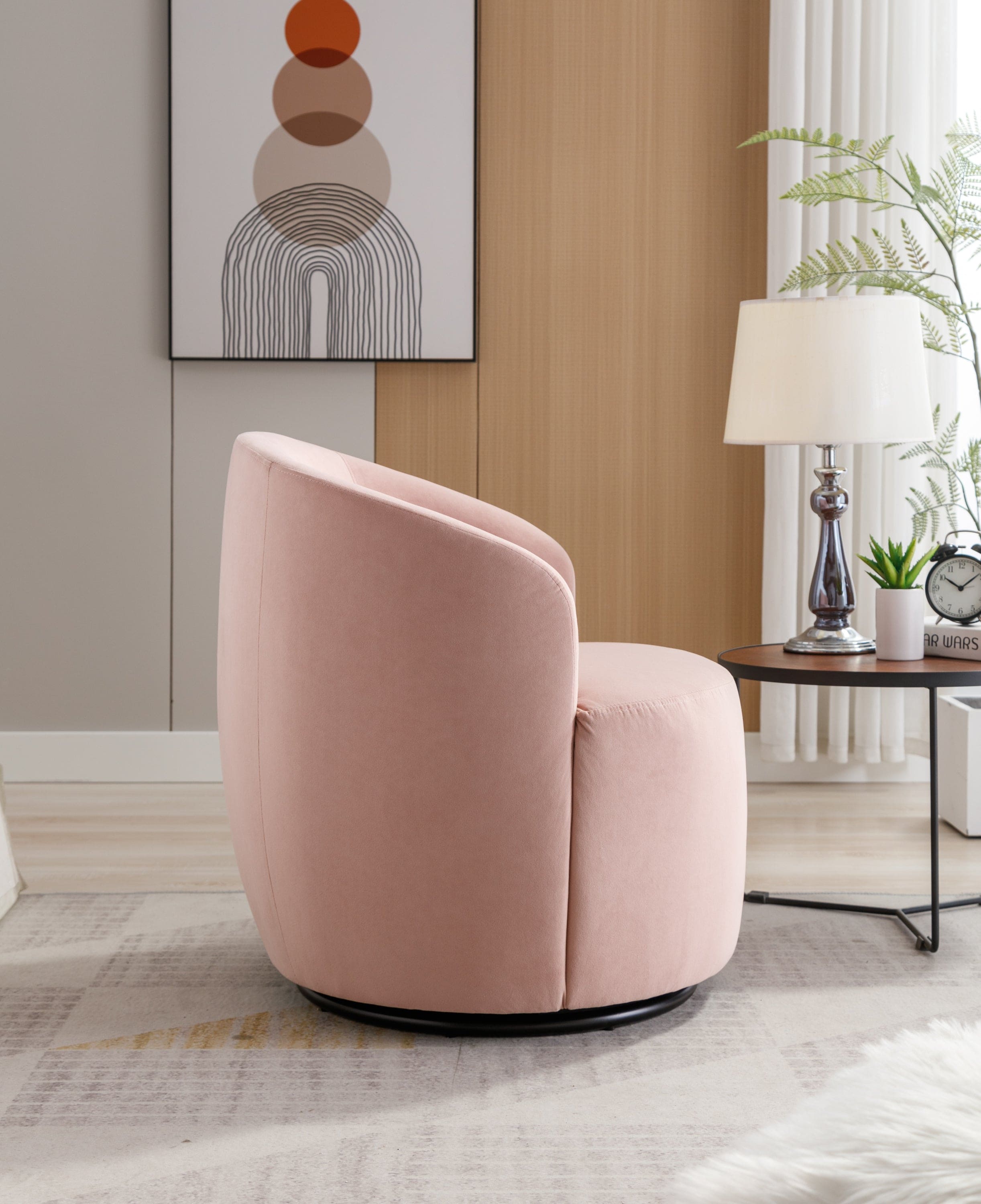 Velvet Fabric Swivel Accent Armchair Barrel Chair With Black Powder Coating Metal Ring,Pink