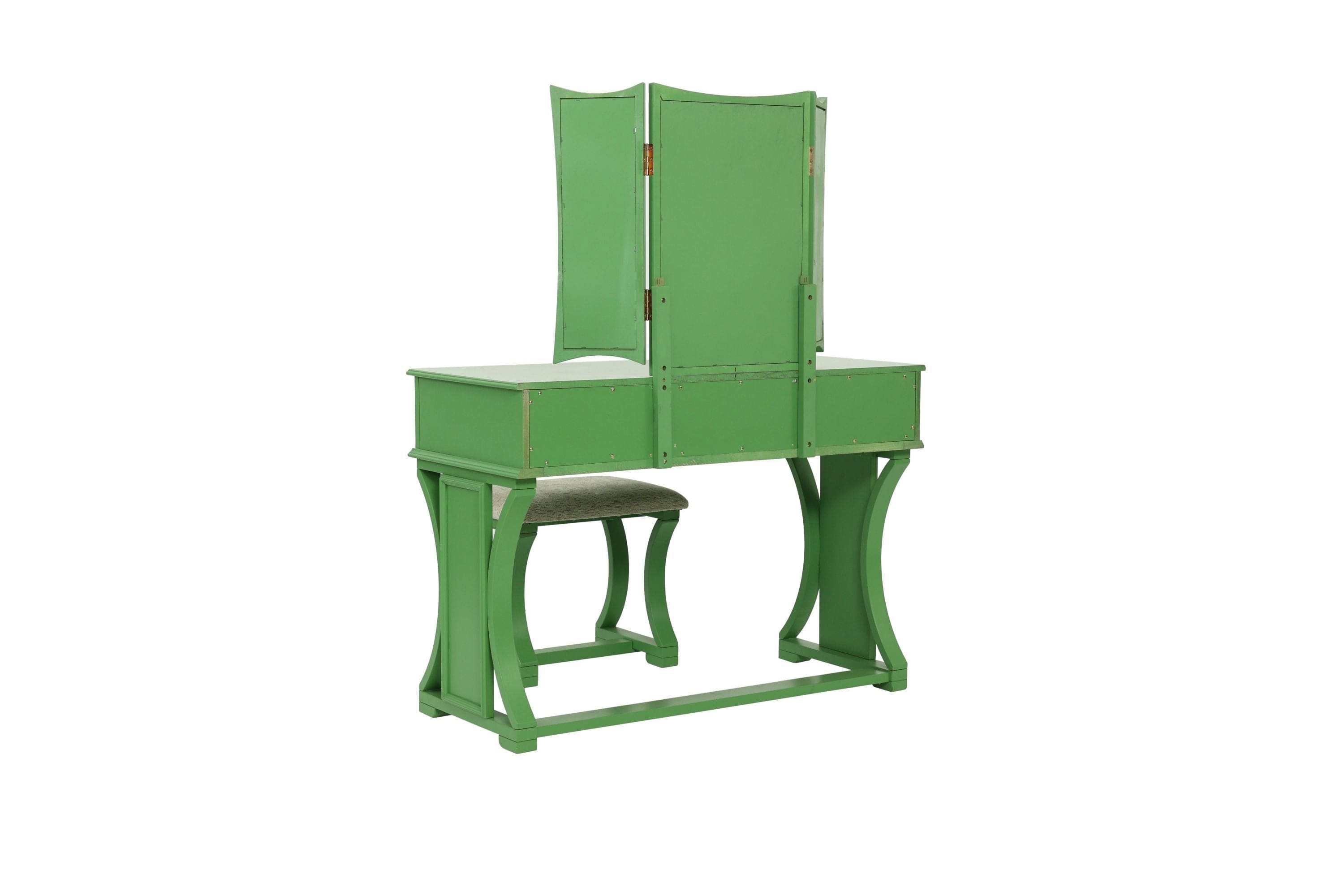 Unique Modern Bedroom Vanity Set w Stool Foldable Mirror Drawers Apple Green Color MDF Veneer 1pc Vanity Furniture