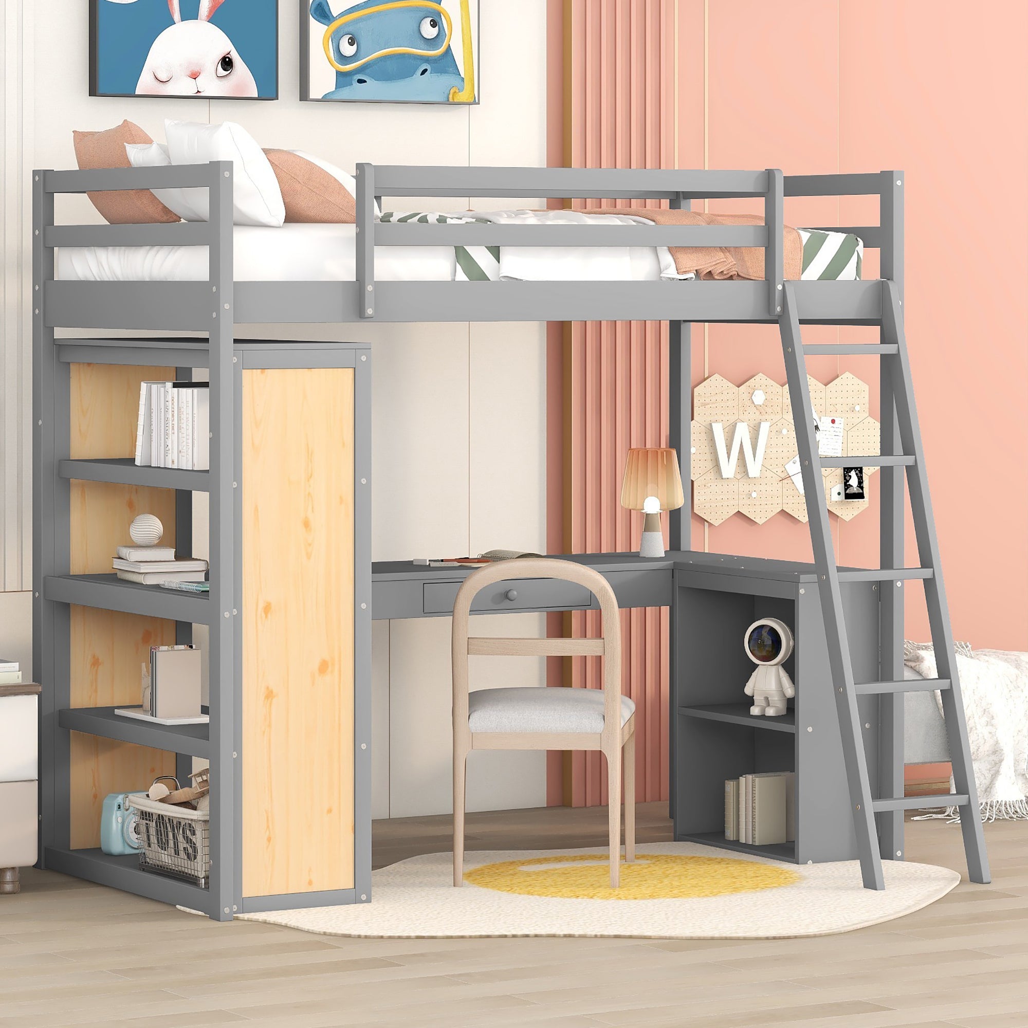 Twin Size Loft Bed with Ladder, Shelves, and Desk, Gray(LT100225AAE)