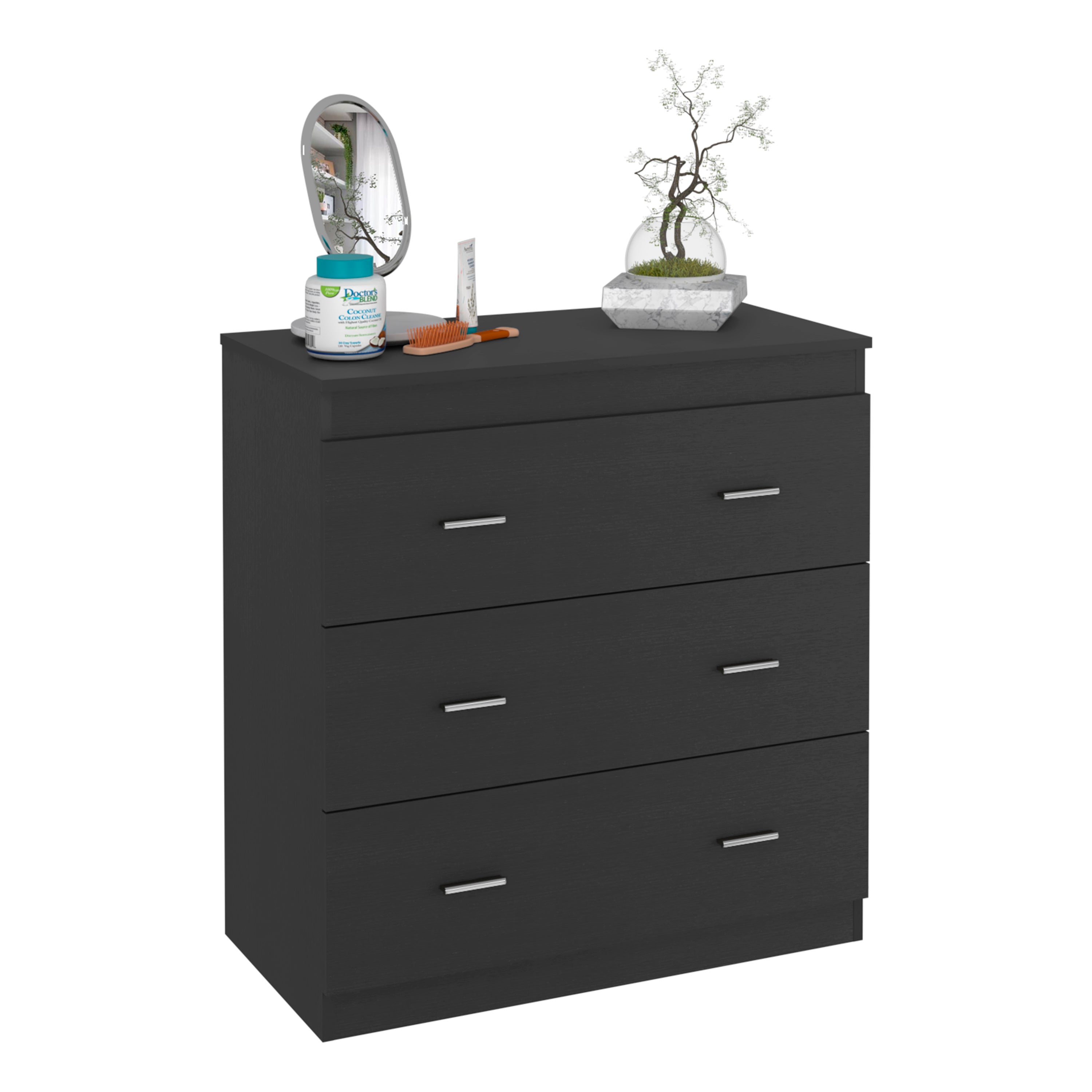 Three Drawer Dresser Litress, Metal Handles, Black Wengue Finish