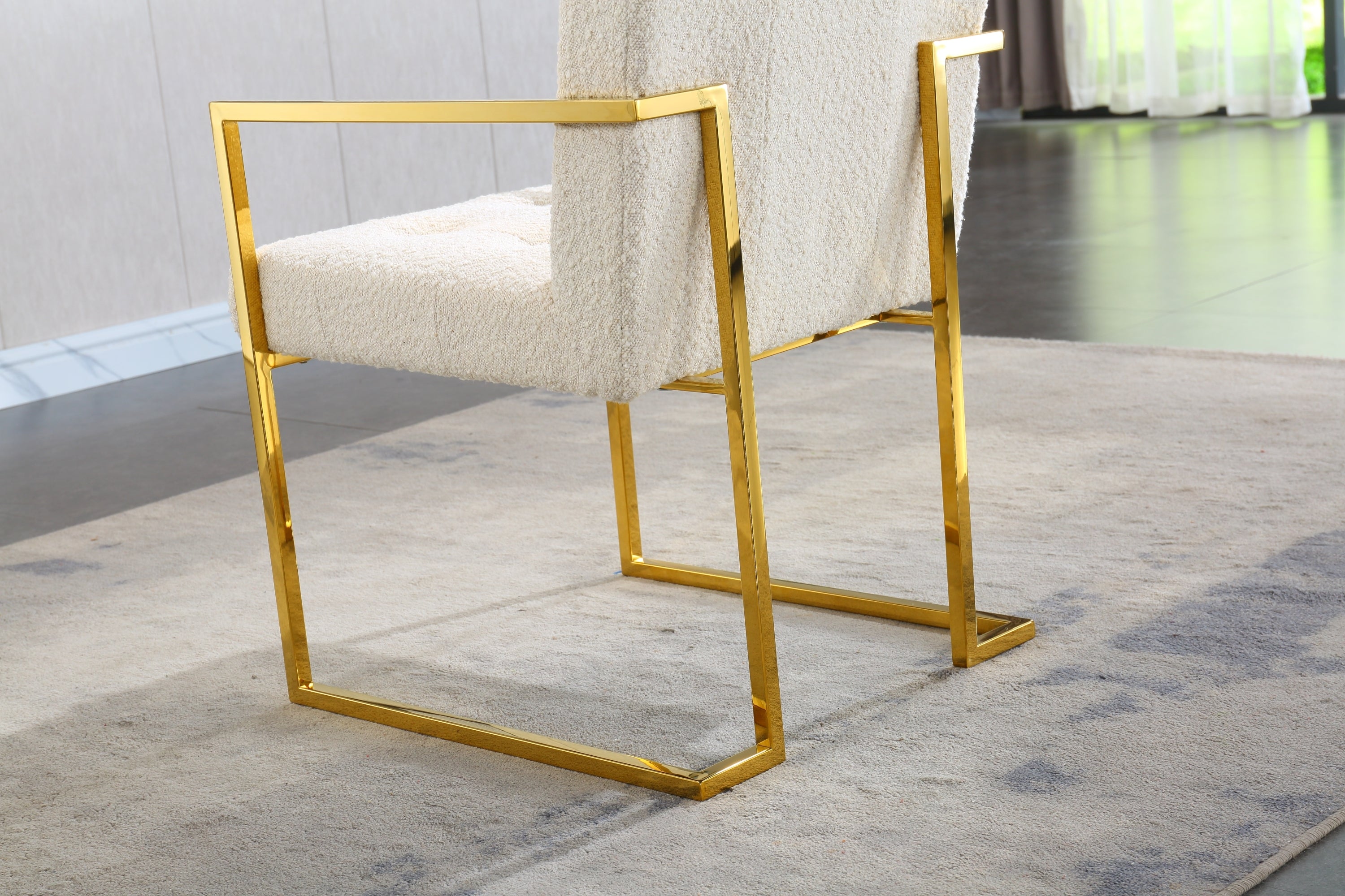 Modern Linen Dining Arm Chair Set of 1, Tufted Design and Gold Finish Stainless Base