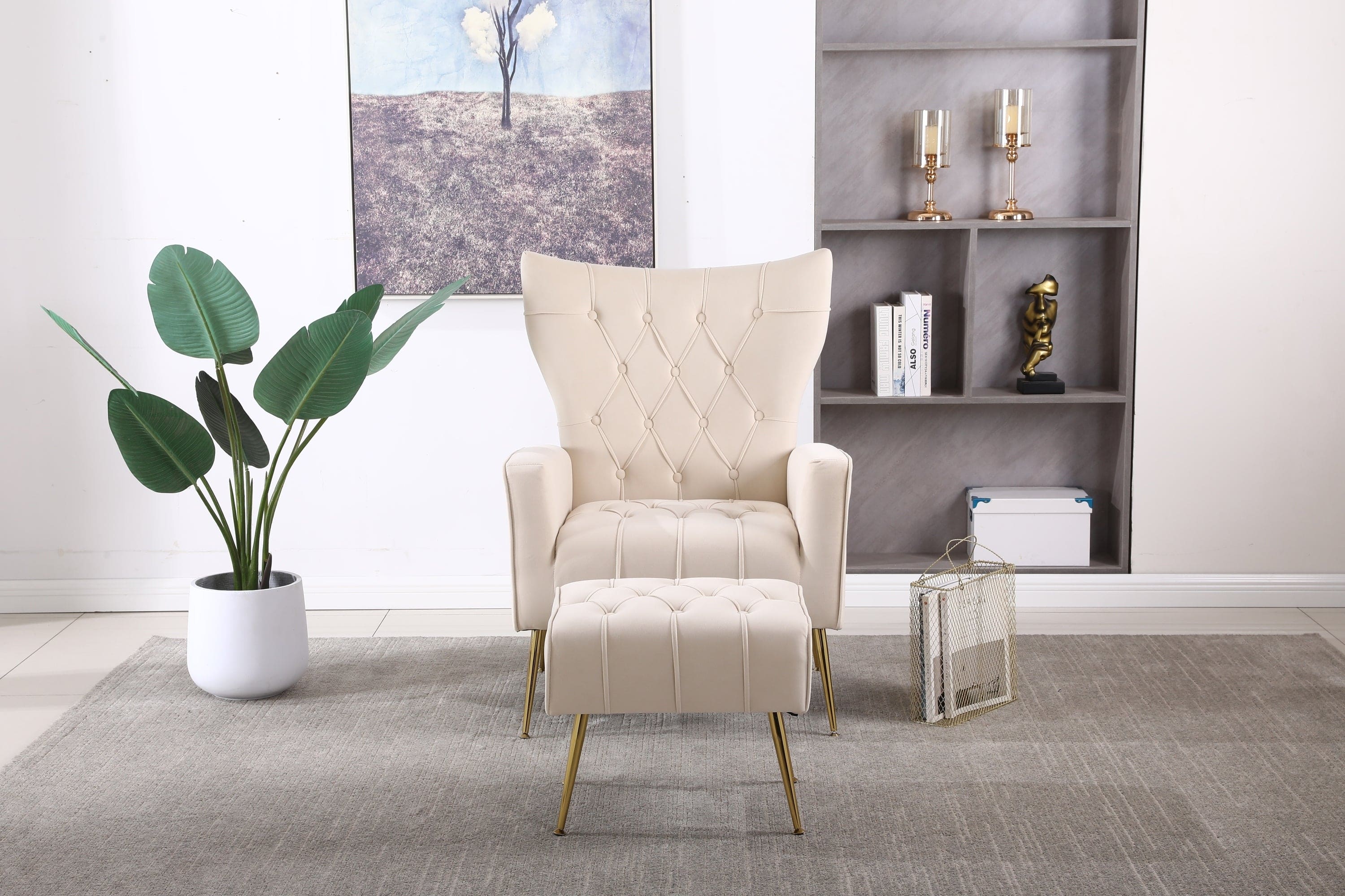 Modern Accent Chair with Ottoman,  Comfy  Armchair for Living Room, Bedroom, Apartment, Office (Beige)