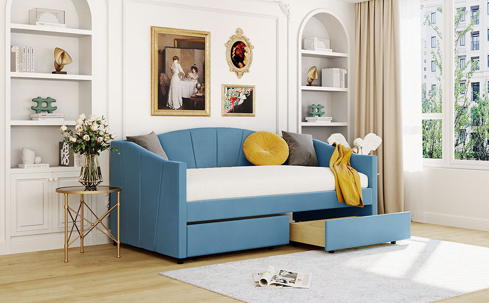 Upholstered daybed Twin Size with Two Drawers and Wood Slat  ,Blue