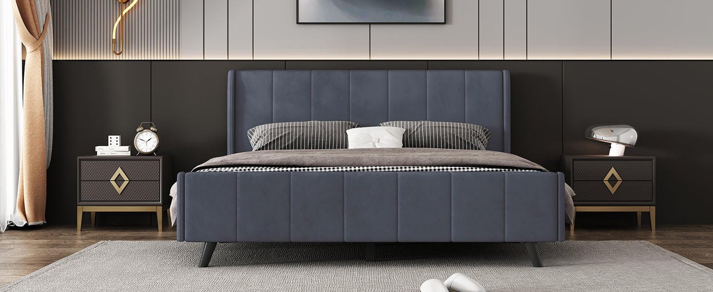 Queen Size Upholstered Platform Bed, Velvet, Gray