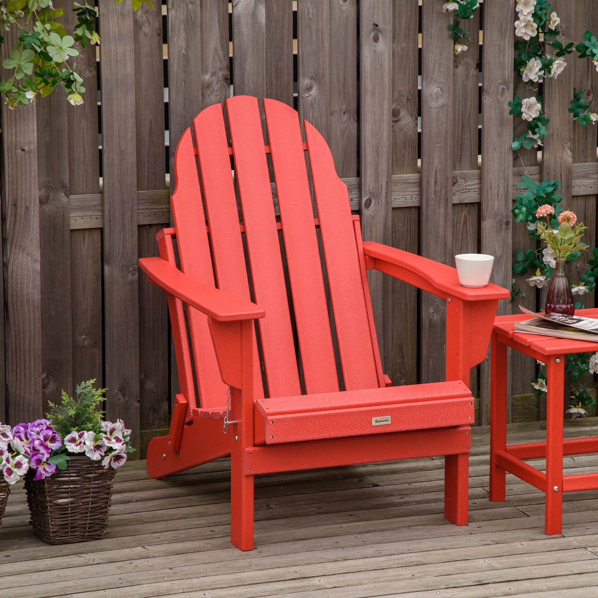 Outsunny Folding Adirondack Chair, Faux Wood Patio & Fire Pit Chair, Weather Resistant HDPE for Deck, Outside Garden, Porch, Backyard, Red