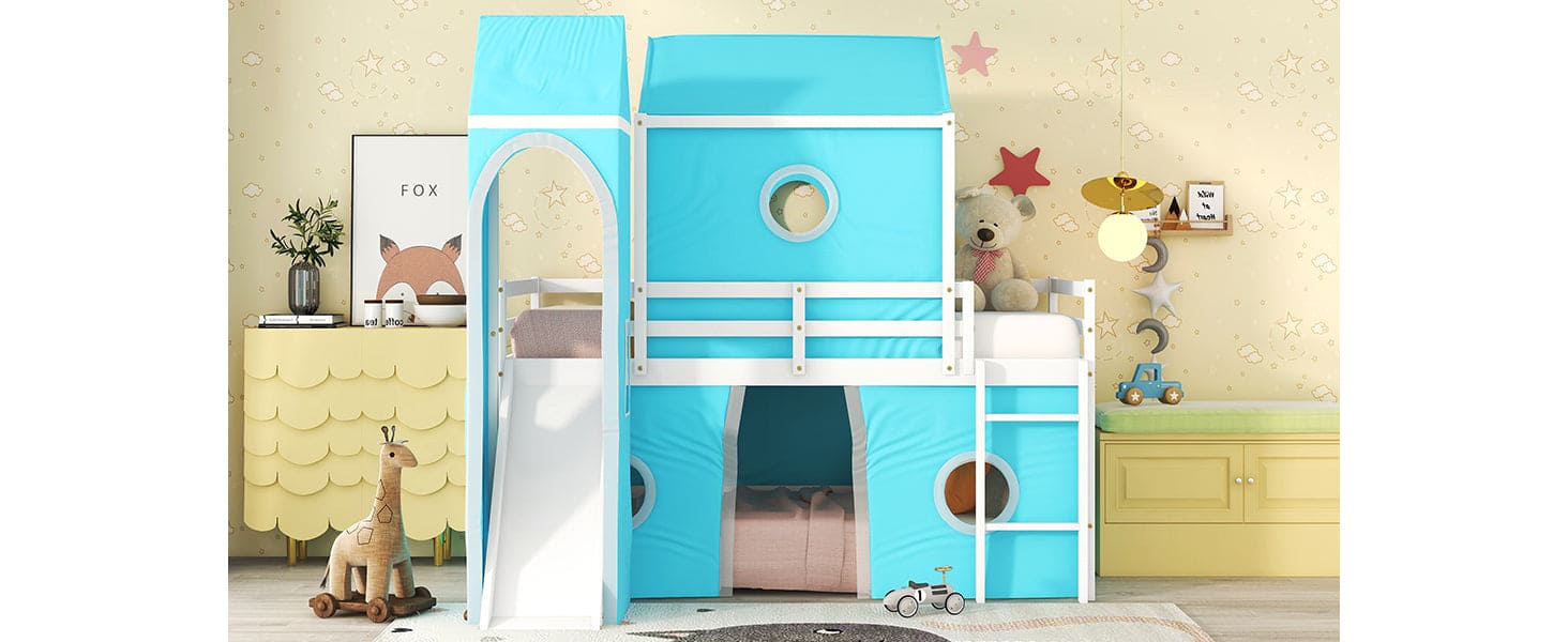 Twin Size Bunk Bed with Slide Blue Tent and Tower - Blue