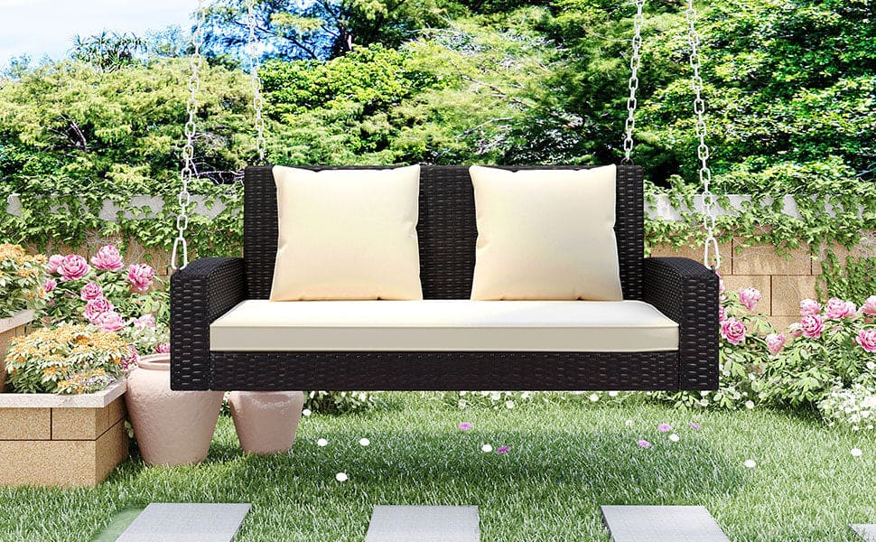 GO 2-Person Wicker Hanging Porch Swing with Chains, Cushion, Pillow, Rattan Swing Bench for Garden, Backyard, Pond. (Brown Wicker, Beige Cushion)