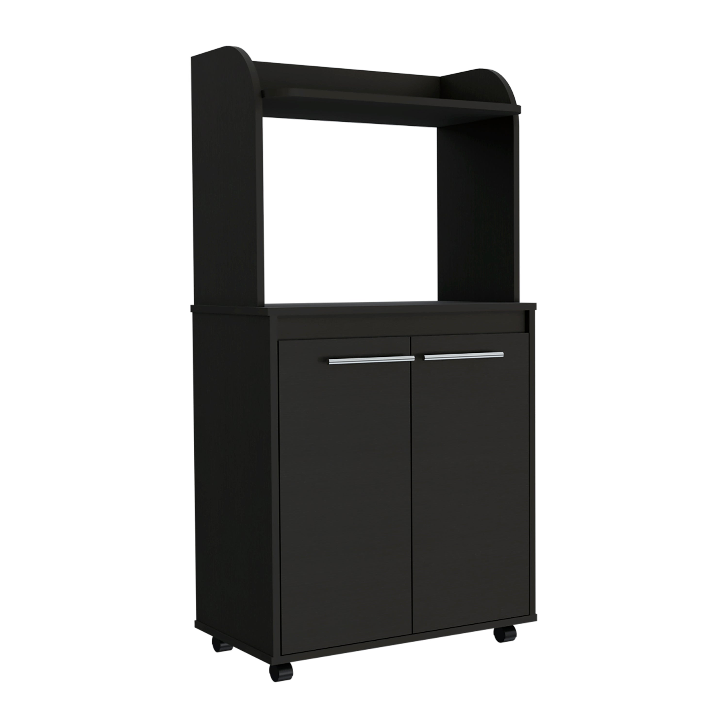 Kira Kitchen Kart, Double Door Cabinet, One Open Shelf, Two Interior Shelves -Black