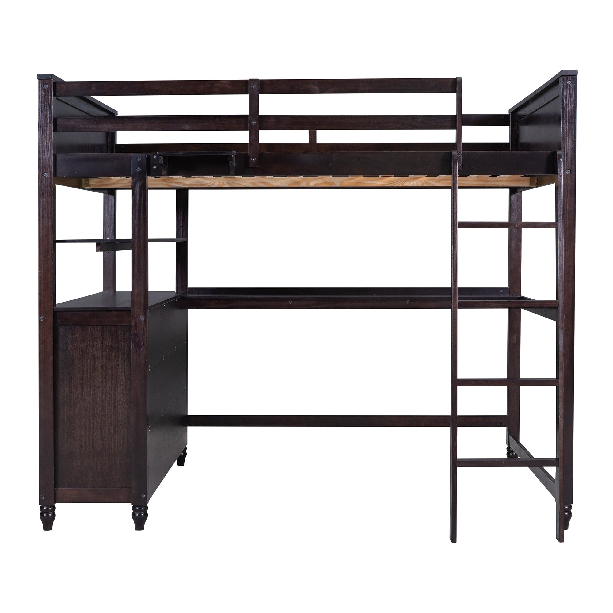 Full size Loft Bed with Drawers and Desk, Wooden Loft Bed with Shelves - Espresso(OLD SKU:LT001529AAP)