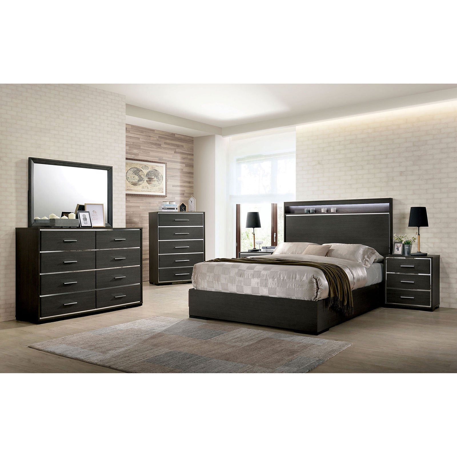 1x Nightstand Solid wood Warm Gray Sleek Modern Lines Chrome Trim Insert Contemporary Bedroom Furniture