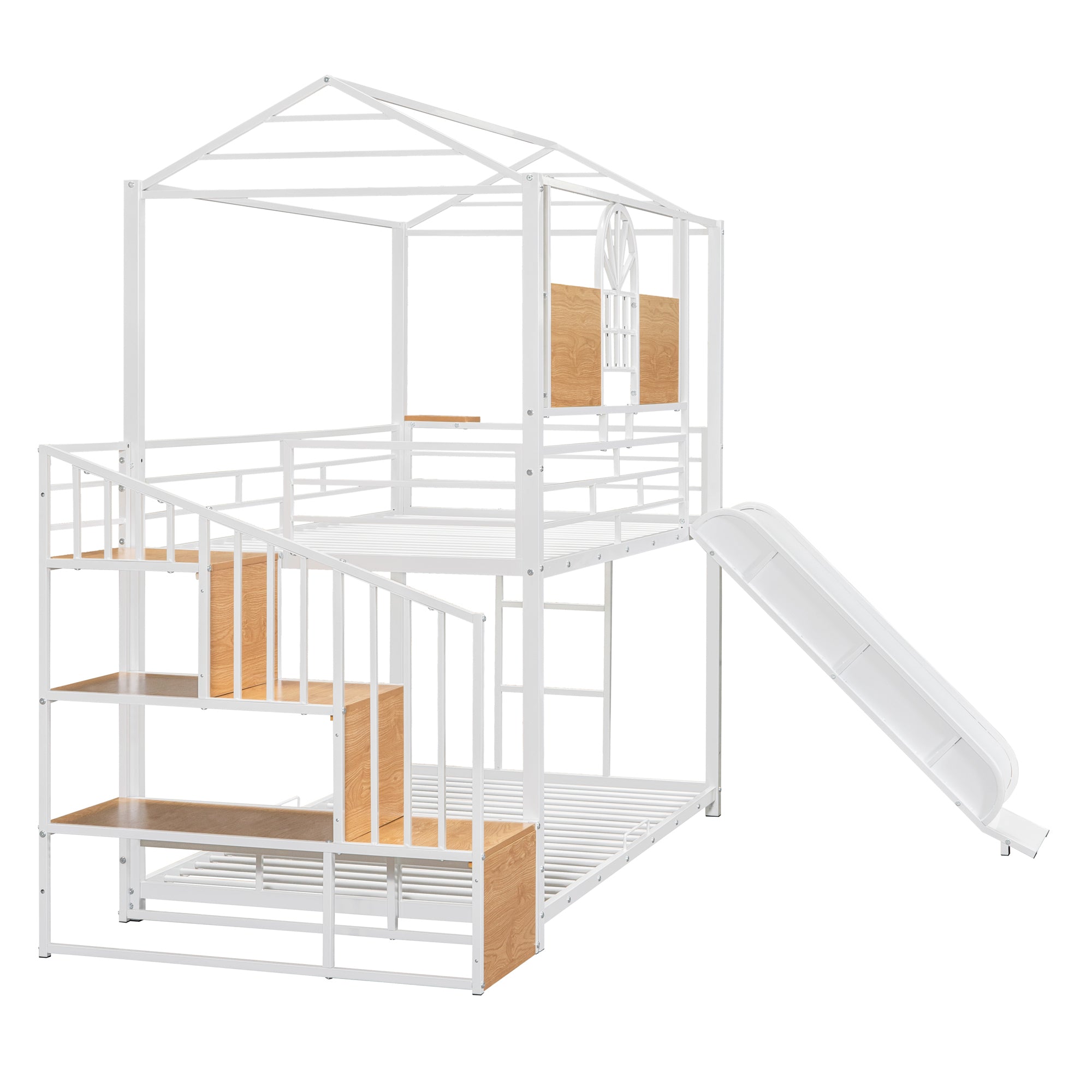 Twin Over Twin Metal Bunk Bed, Metal Housebed with Slide and Storage Stair, White with White Slide