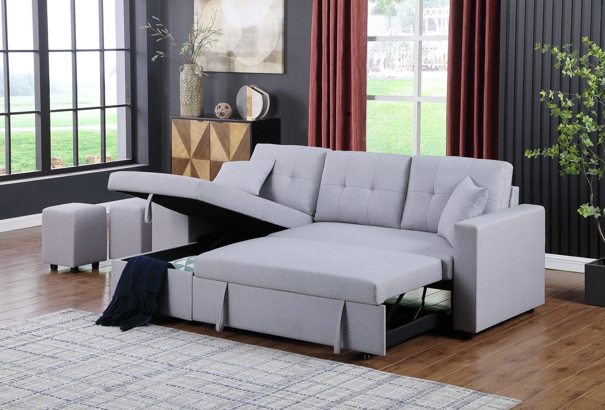 Dennis Light Gray Linen Fabric Reversible Sleeper Sectional with Storage Chaise and 2 Stools