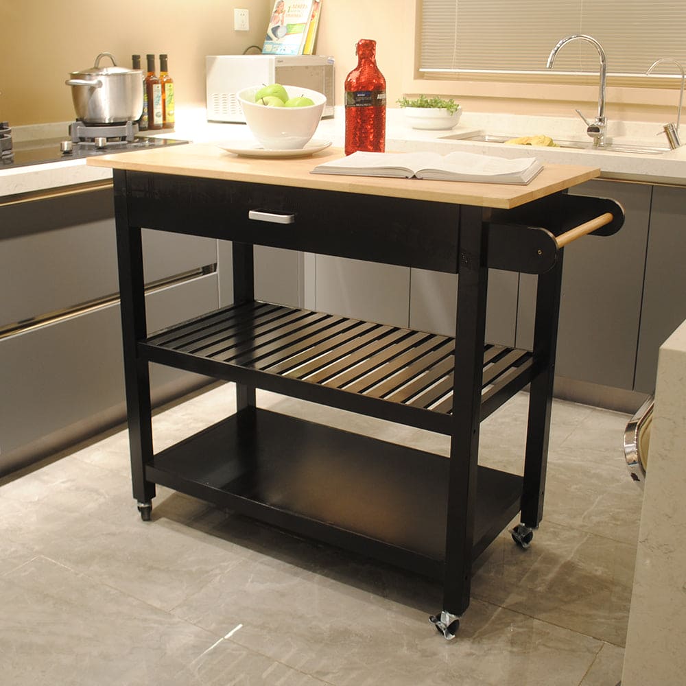 Kitchen Island & Kitchen Cart, Mobile Kitchen Island with Two Lockable Wheels, Rubber Wood Top, Black Color Design Makes It Perspective Impact During Party.