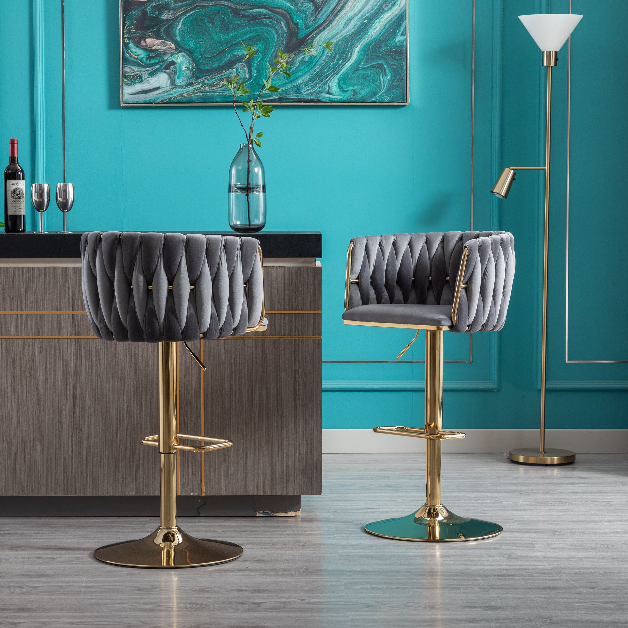 Set of 2 Bar Stools,with Chrome Footrest and Base Swivel Height Adjustable Mechanical Lifting Velvet + Golden Leg Simple Bar Stool-Grey