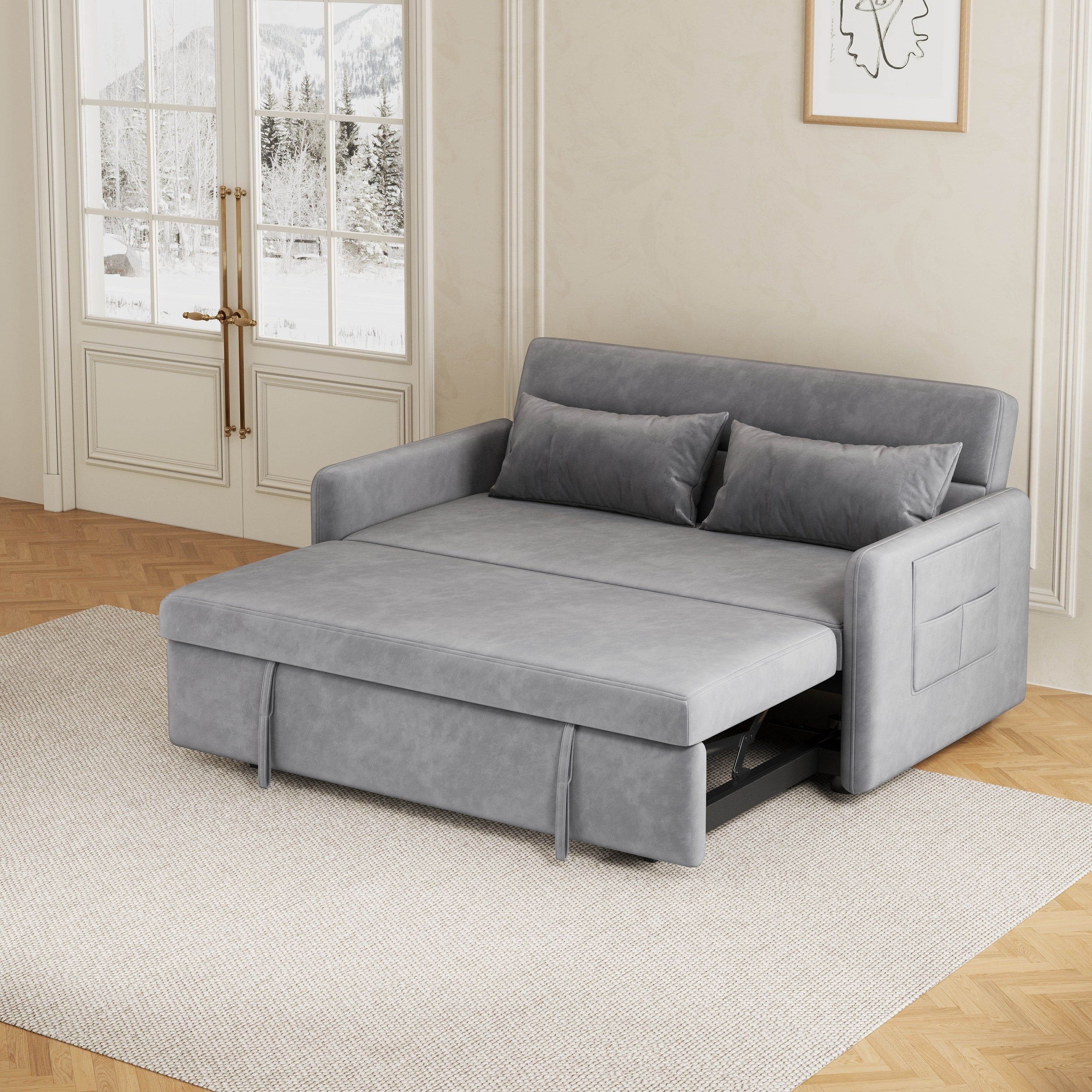 2120 Sofa Pull Out Bed Included Two Pillows 54" Grey Velvet Sofa for Small Spaces