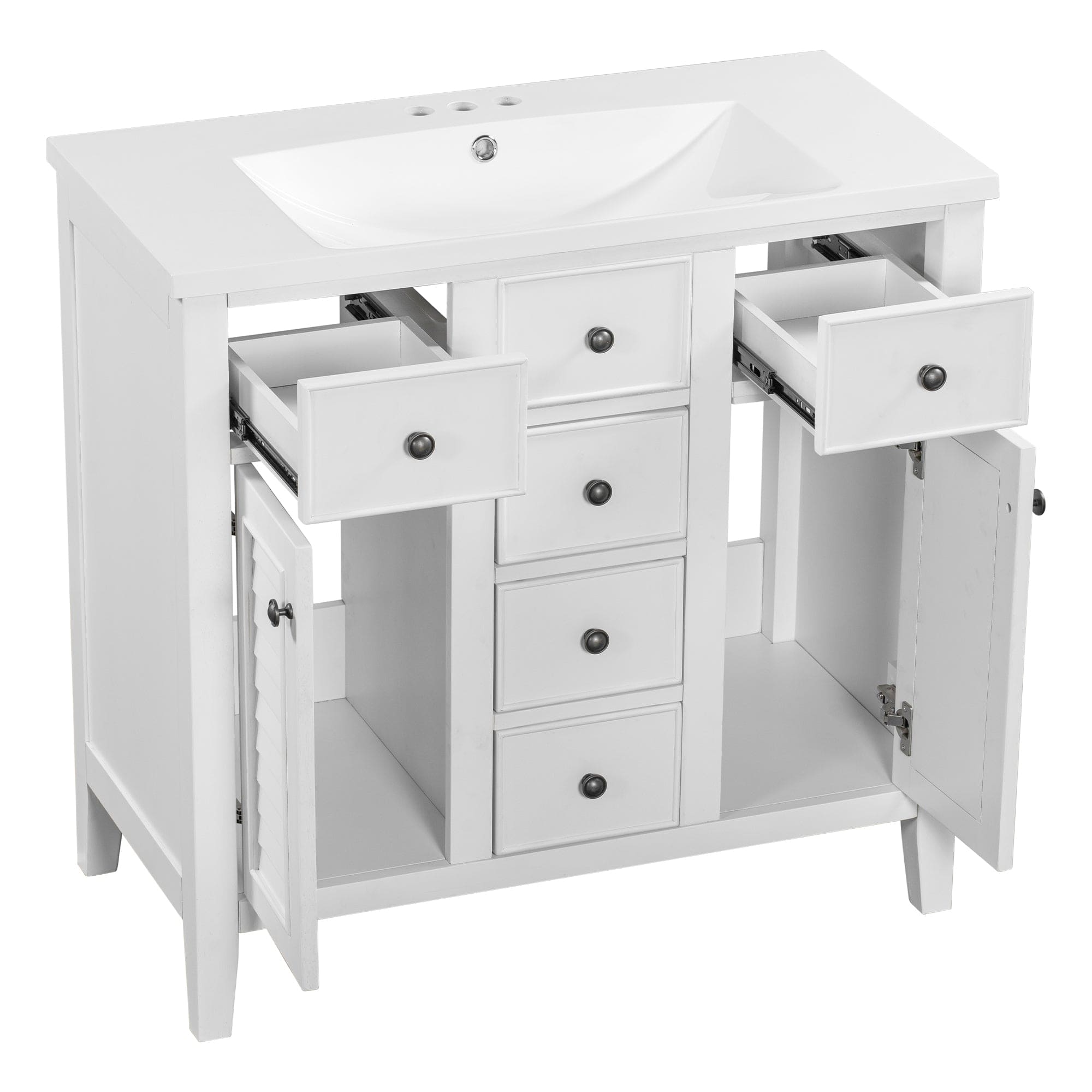 36" Bathroom Vanity with Ceramic Basin, Two Cabinets and Five Drawers, Solid Wood Frame, White (OLD SKU: SY999202AAK)