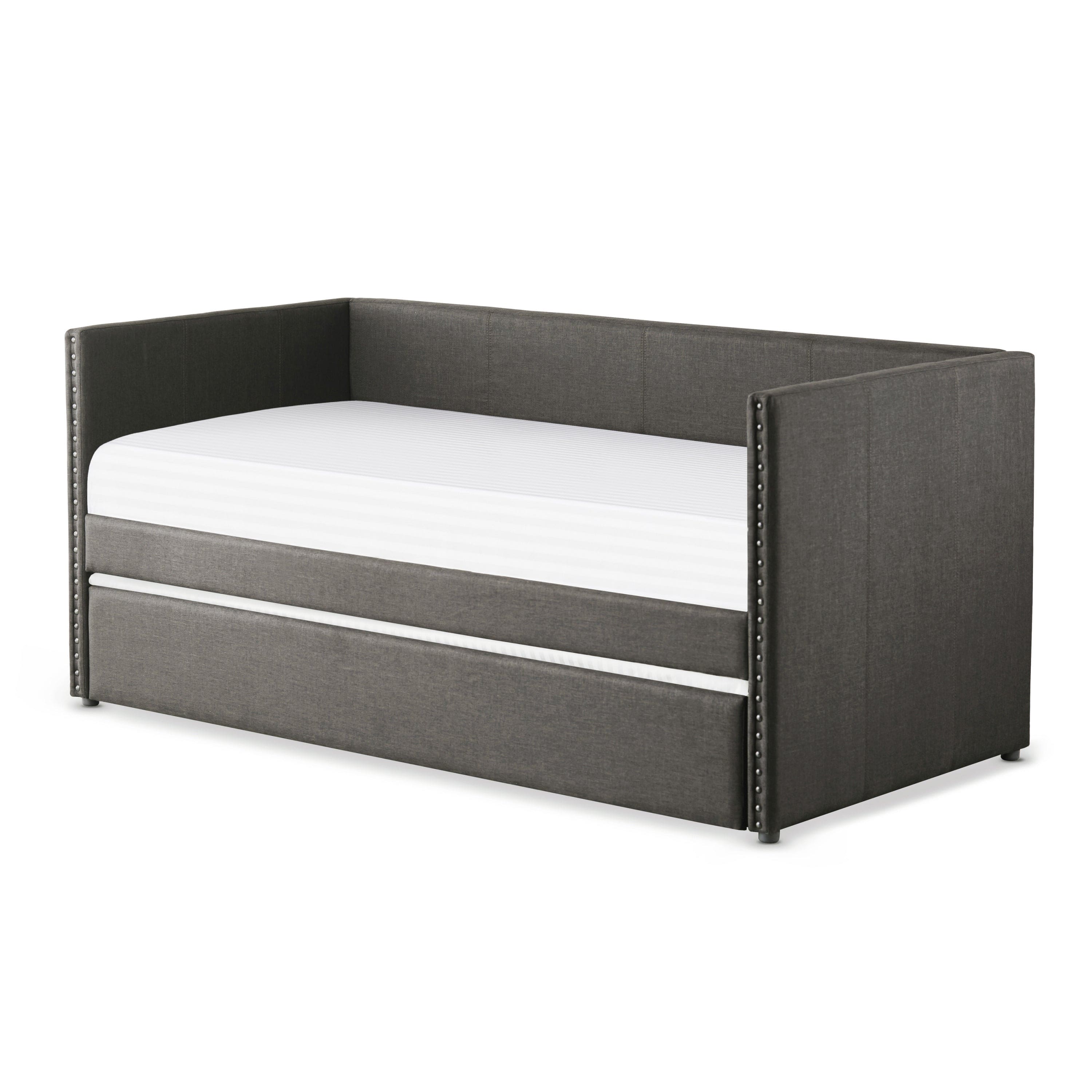 Gray Fabric Upholstered 1pc Day Bed with Pull-out Trundle Nailhead Trim Wood Frame Furniture