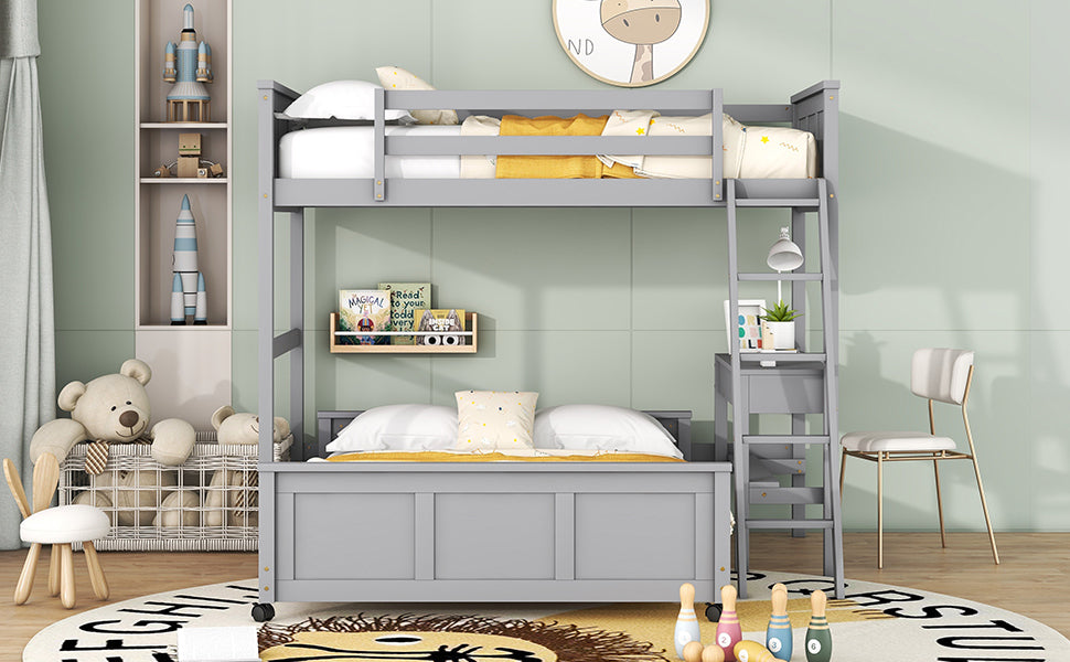 Twin Over Full Bunk Bed with Desk, Gray