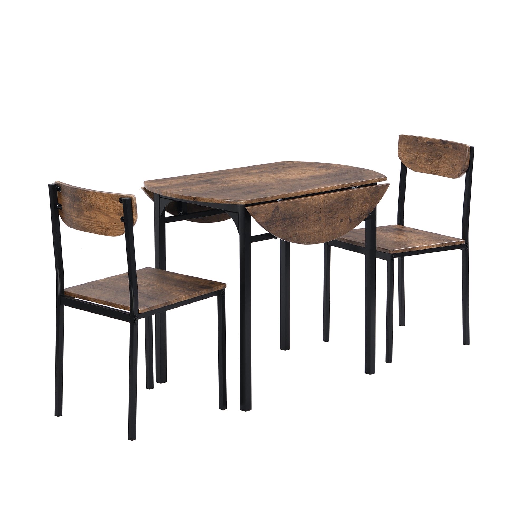 TOPMAX Modern 3-Piece Round Dining Table Set with Drop Leaf and 2 Chairs for Small Places,Black Frame+Rustic Brown Finish