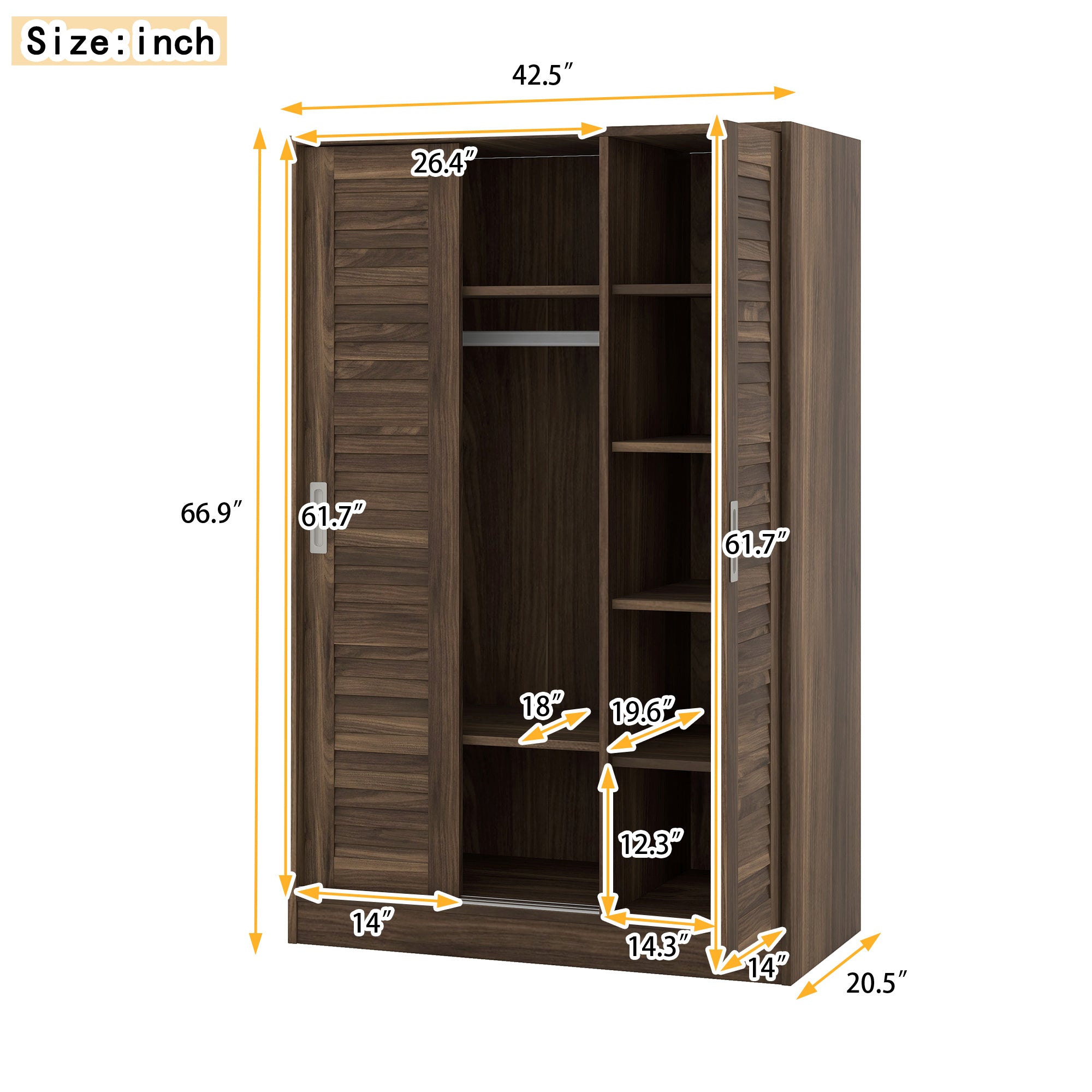 3-Door Shutter Wardrobe with shelves, Walnut